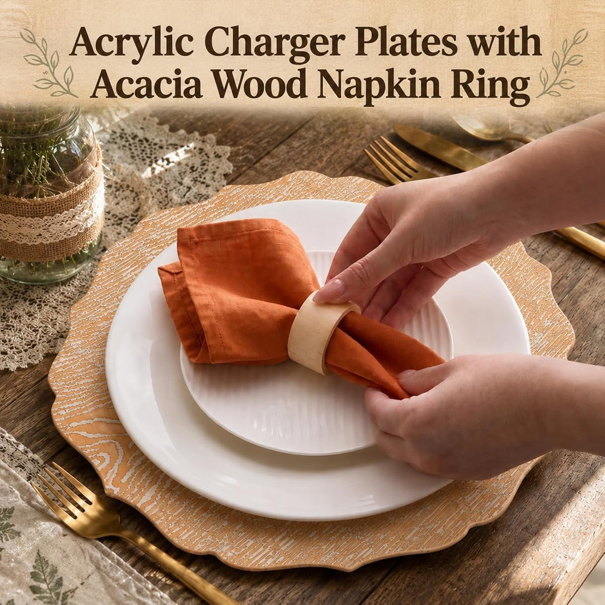 Havawish 12 Set 13" Rustic Wooden Textured Acrylic Charger Plates with Handmade Acacia Wood Napkin Ring, Farmhouse