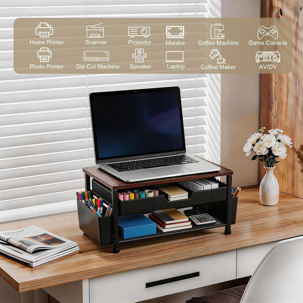 Printer Stand for Desk, Desk Organizer with Storage, Desktop Printer Table for Home Office, Multi-Purpose Shelves for