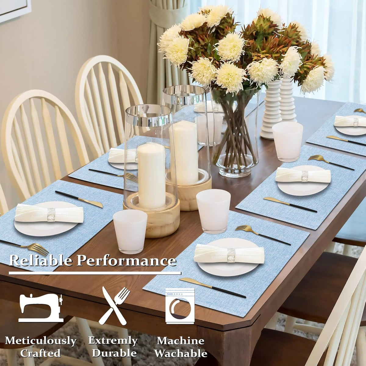 Cloth Placemats Set of 6, Cotton Linen Blend Place Mats, Light Blue | Machine Washable, Double Layered, Heat Resistant