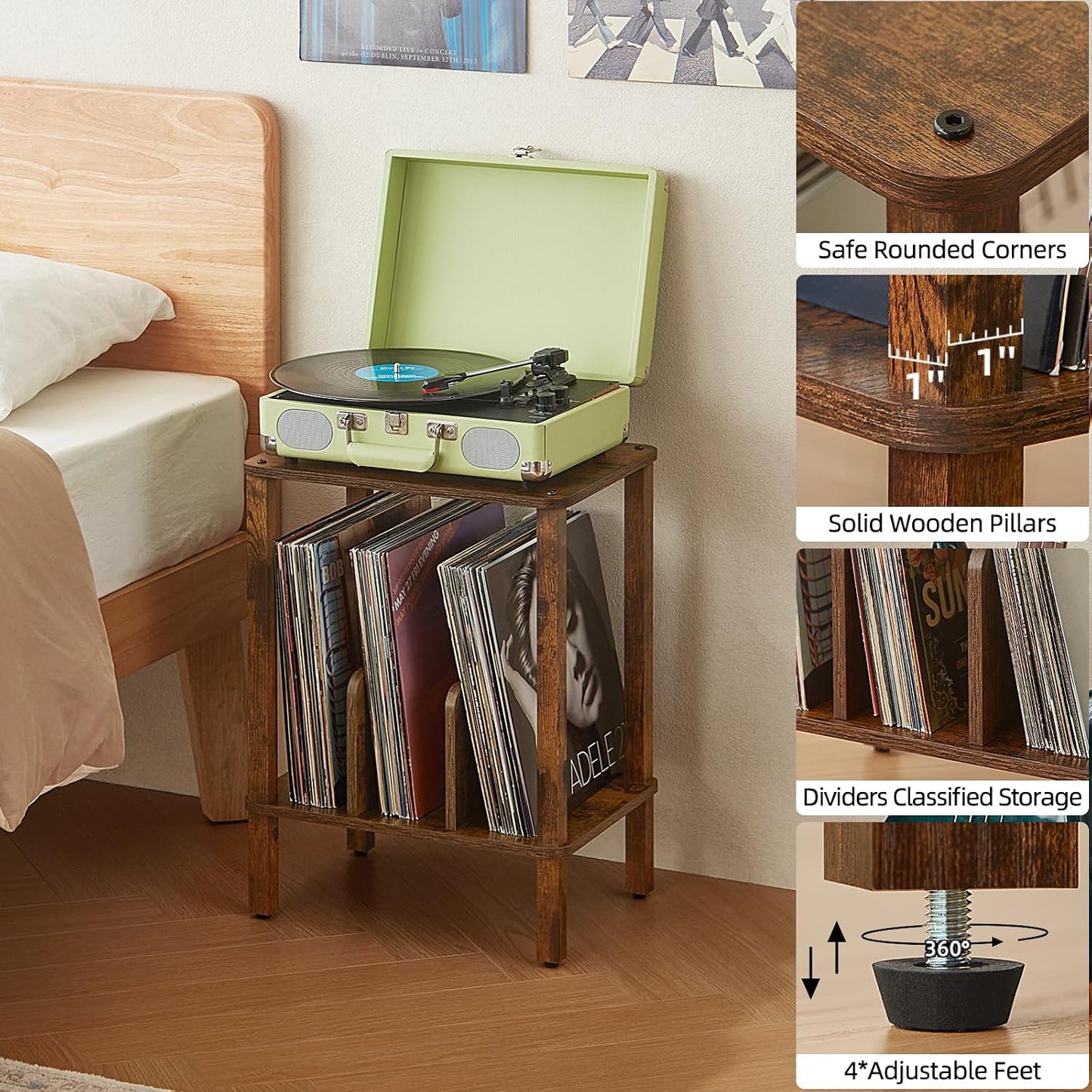 2-Tier Record Player Stand for Vinyl Records Storage End Table | Small Vinyl Record Holder Storage up to 100 Albums