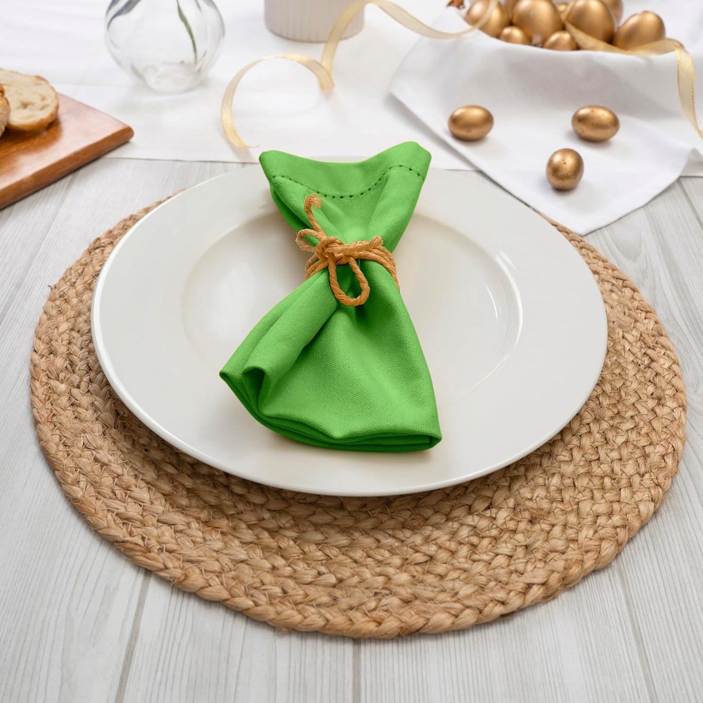 Blue Needles Set of 12 Hemstitch Linen Napkins 100% Cotton Apple Green Cloth Dinner Napkins 18x18 inches - Spring
