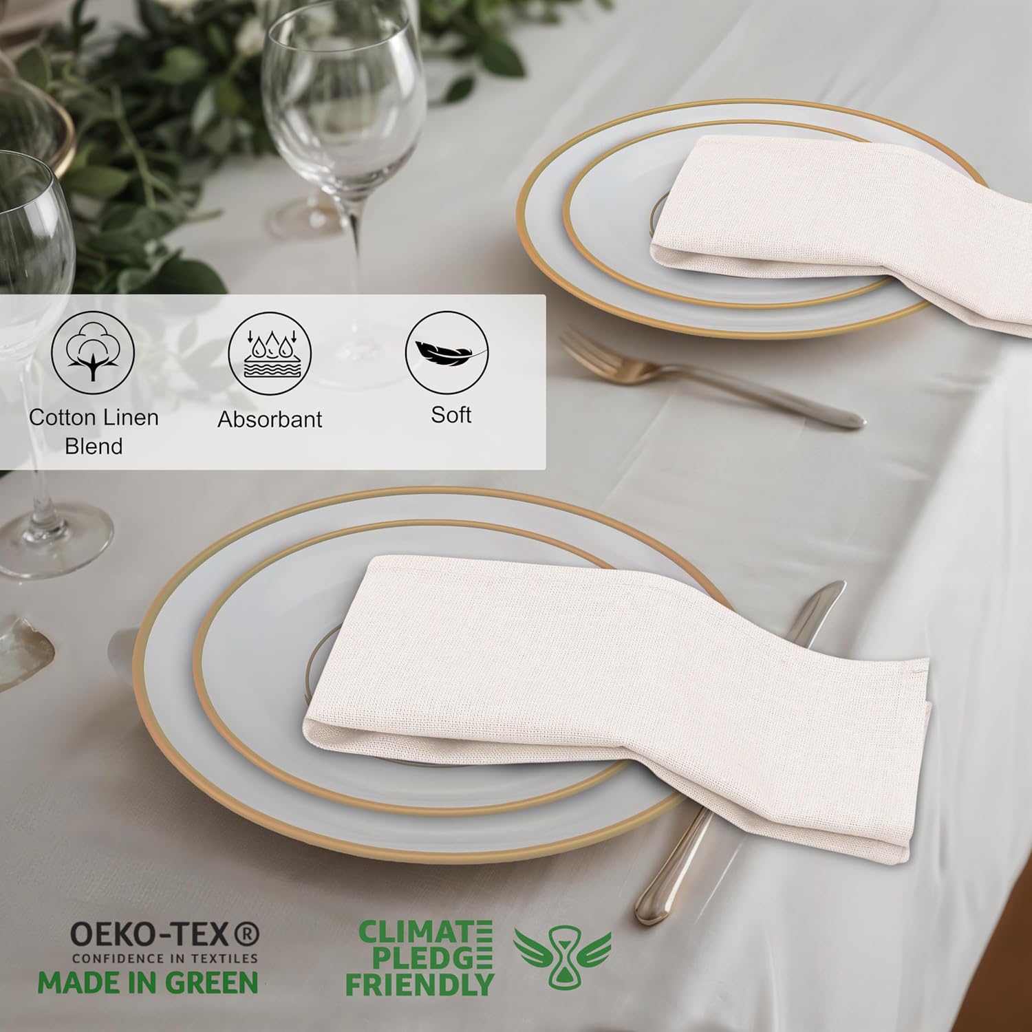 Ruvanti Linen Napkins Set of 12, Linen Cotton Blend 18”x18” - Ivory | Washable Cloth Napkins, Soft, Absorbent Everyday