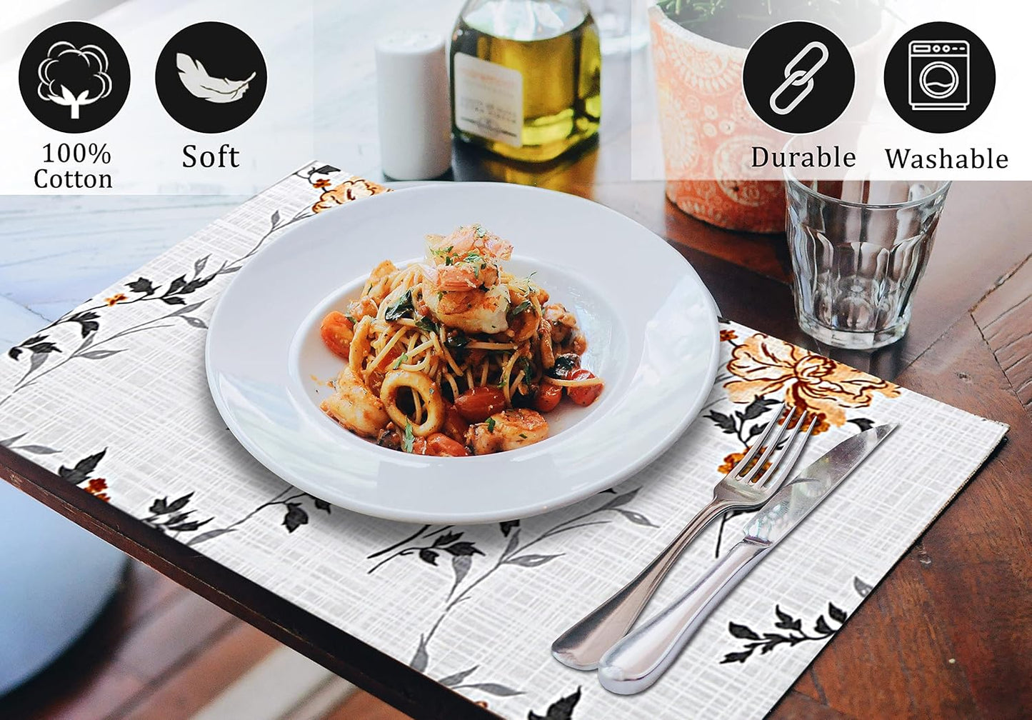 Ruvanti Placemats Set of 6, 100% Cotton Place Mats of 13"x19" – Grey Floral | Heat, Stain resistant, Washable