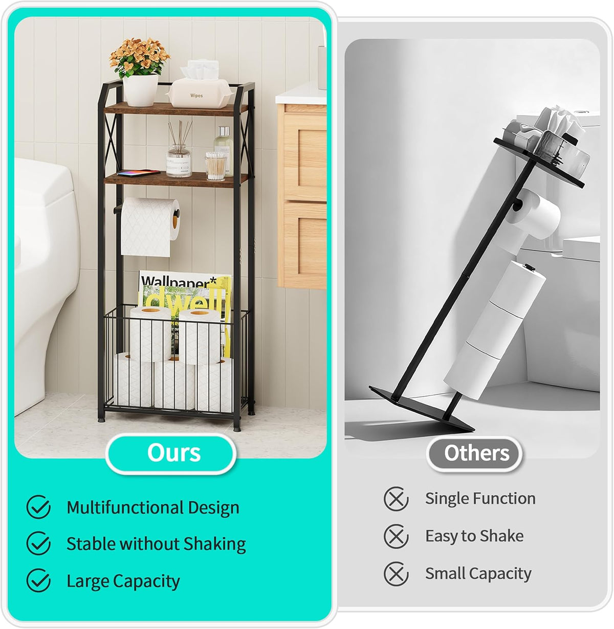 HapiRm Freestanding Toilet Paper Holder - 4-Tier Bathroom Tissue Organizer with Wood Shelves and Large Basket, Toilet