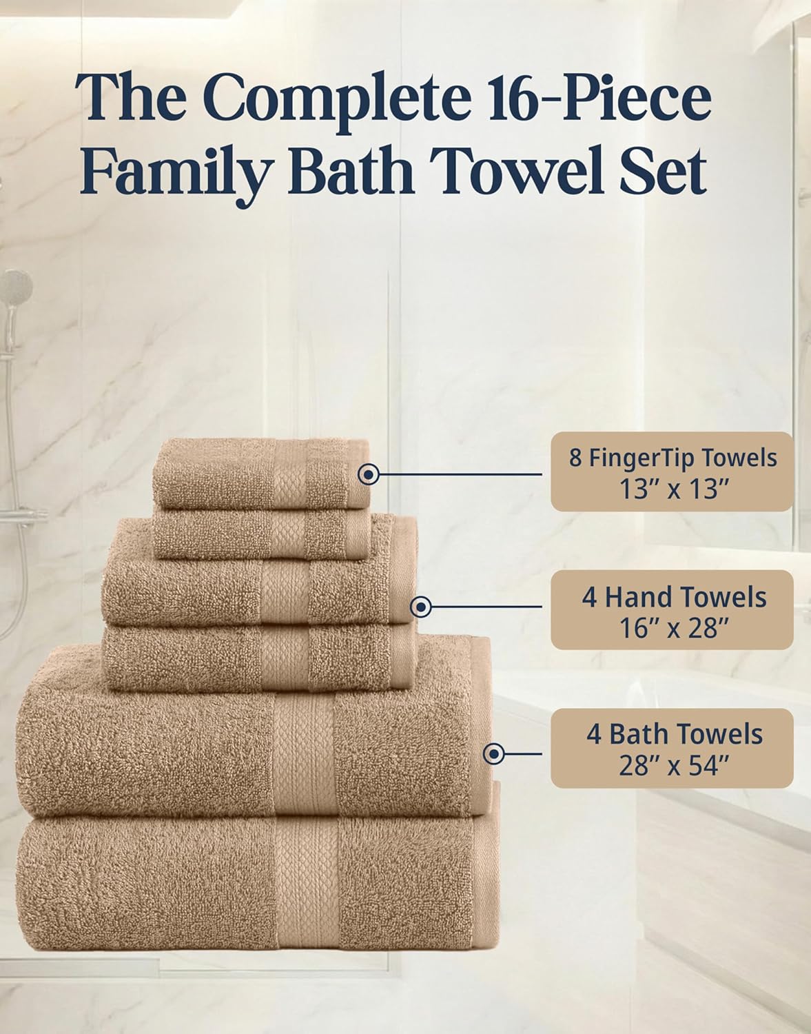 LANE LINEN Towel Set Quick Dry 100% Cotton 16 Piece Soft Absorbent - Taupe | Towels And Washcloths - Ring-Spun