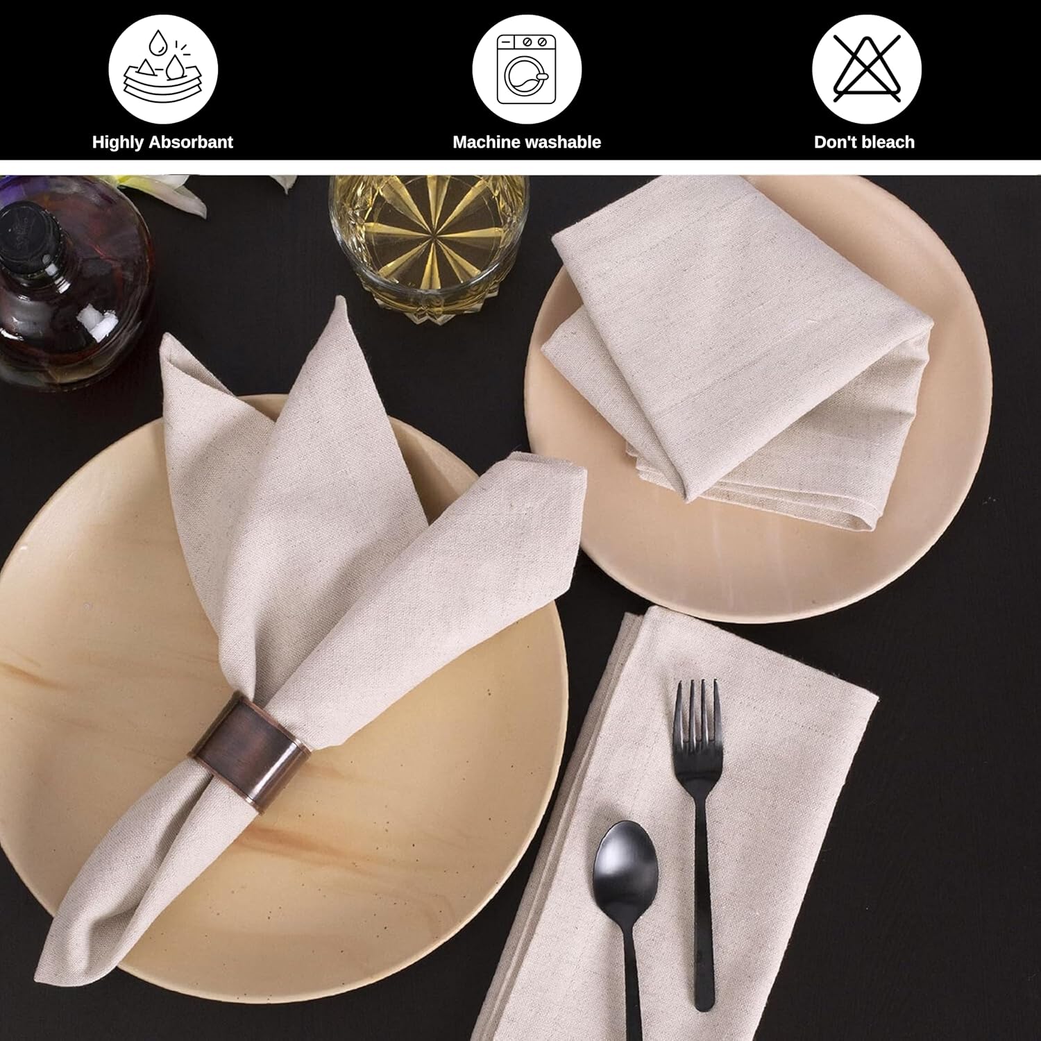 Bedding Craft Linen Cloth Dinner Napkins, Natural, 18x18, Set of 12 | Flax cotton blend, elegant table décor, machine