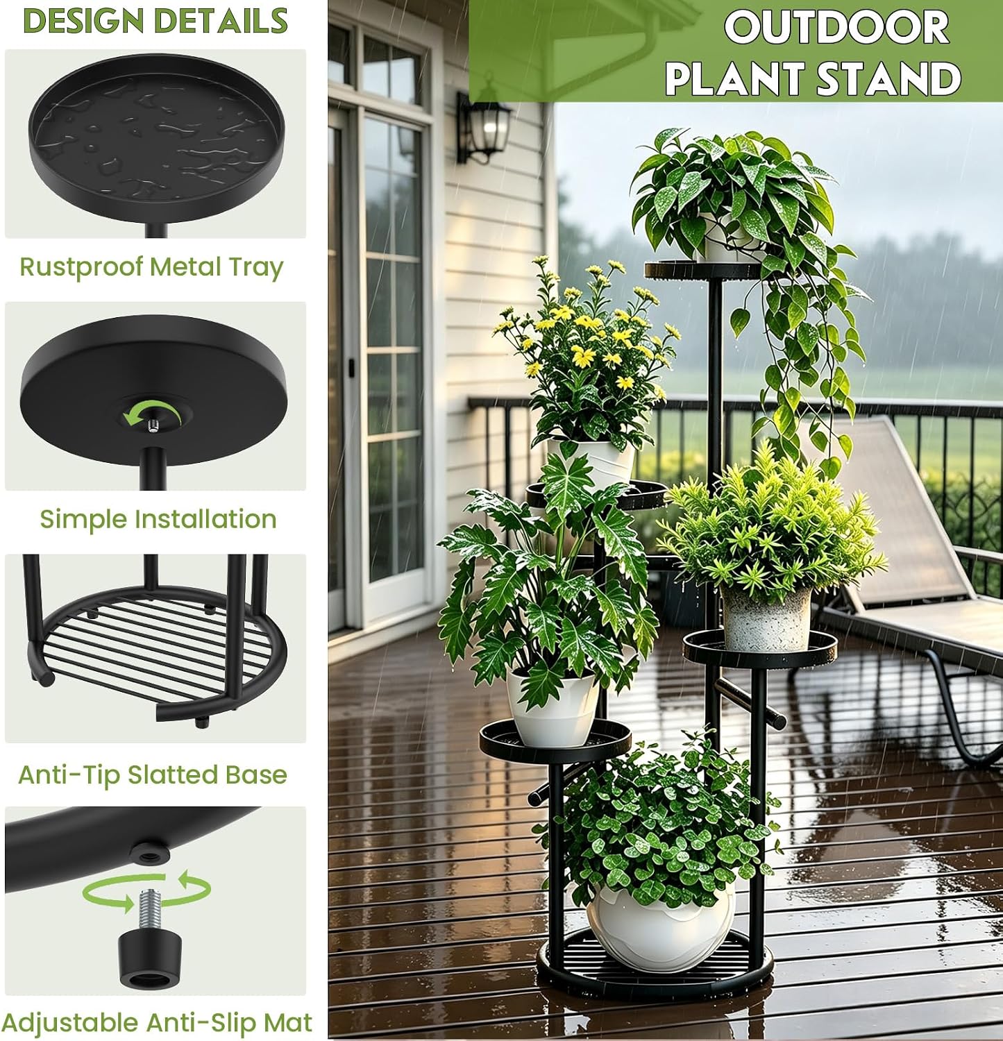TOSKING Tall 5-Tier Round Metal Corner Plant Stand Indoor, Anti-Tip, Black | 37.7-Inch Height, Space-Saving Design
