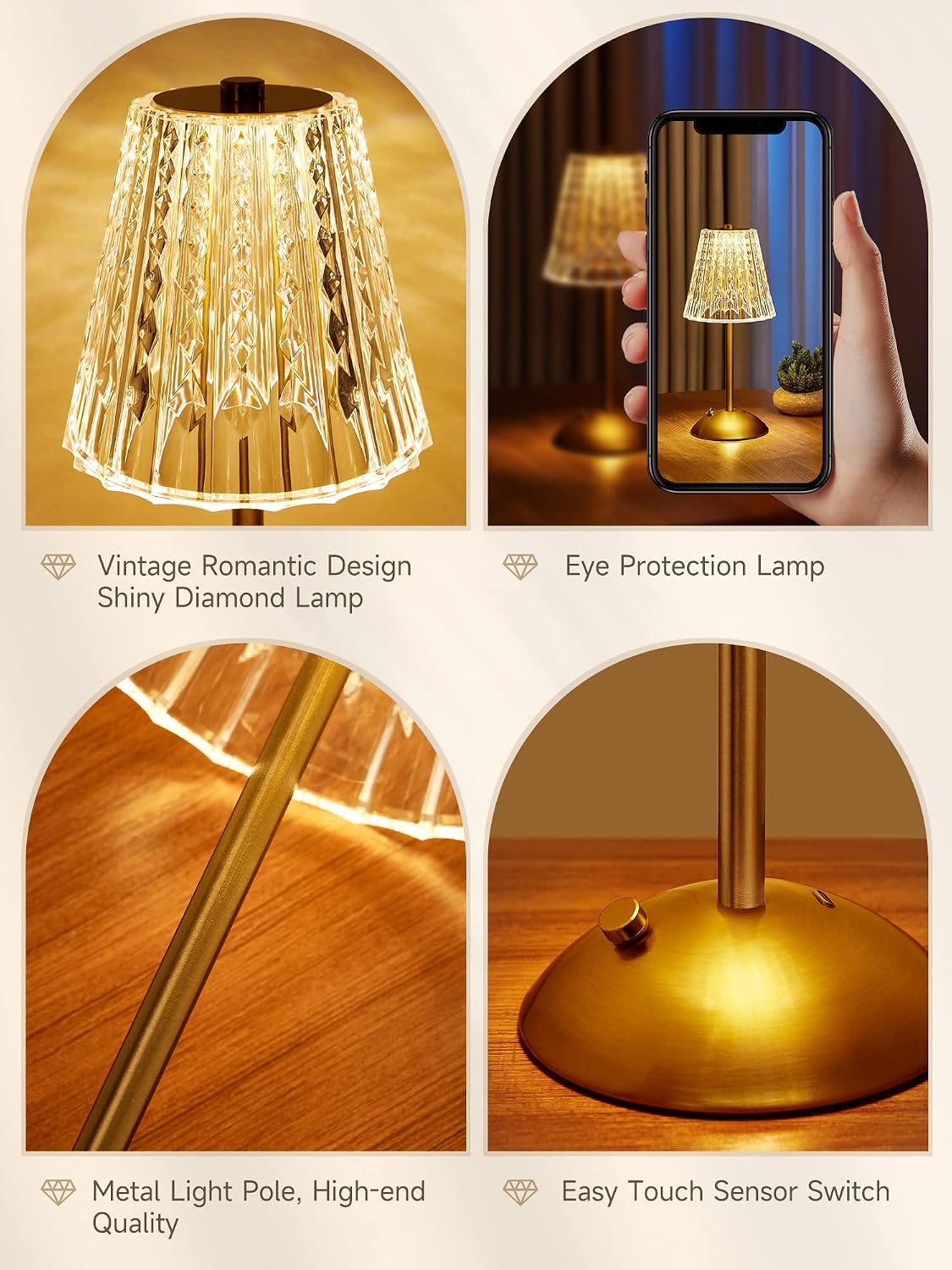 【3200mAh】Brass Table Lamp, 3 Colors+Dimmable+Touch Crystal Lamp LED Gold Lamp, Mood Lighting Mood Light, Brass Decor