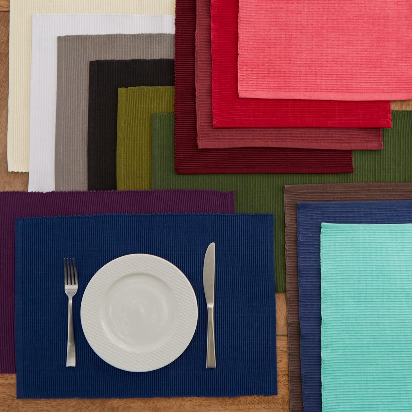 DII Basic Everyday Ribbed Tabletop 100% Cotton, Placemat Set, 13x19, Flamingo, 6 Piece