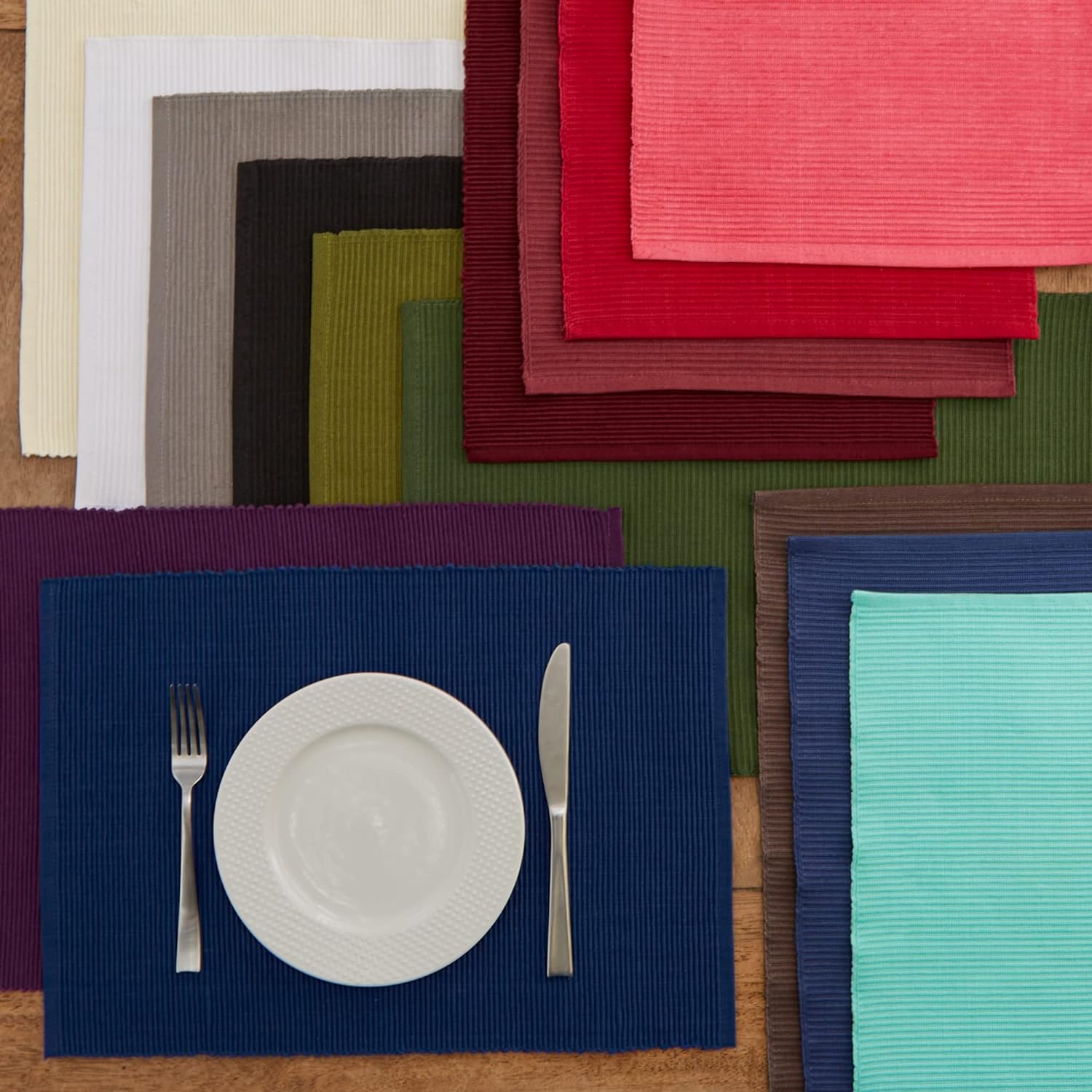 DII Basic Everyday Ribbed Tabletop 100% Cotton, Placemat Set, 13x19, Wine, 6 Piece