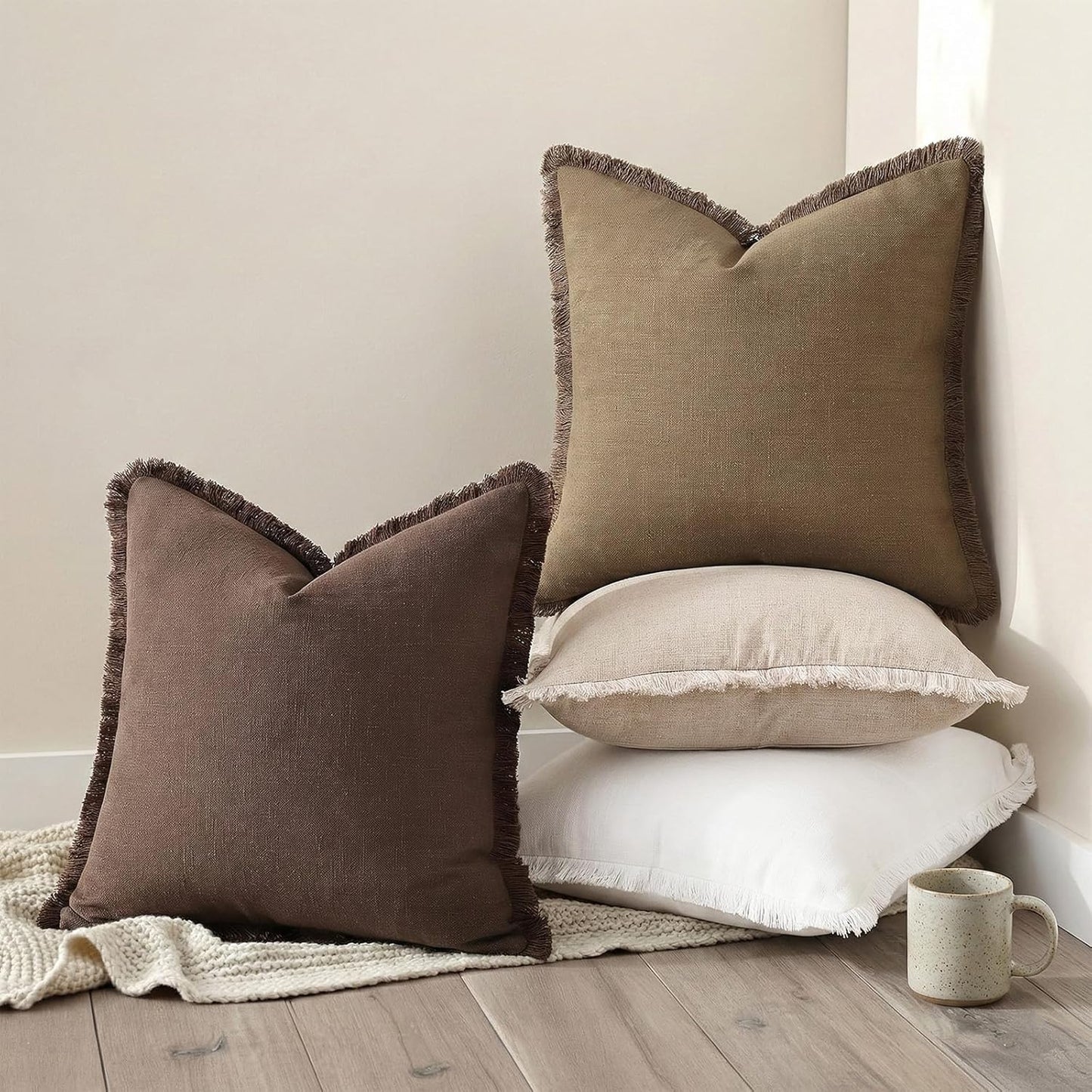Summer Decorative Neutral Linen Fringe Throw Pillow Covers Pillow / Chocolate / 18 x 18 / Set of 2