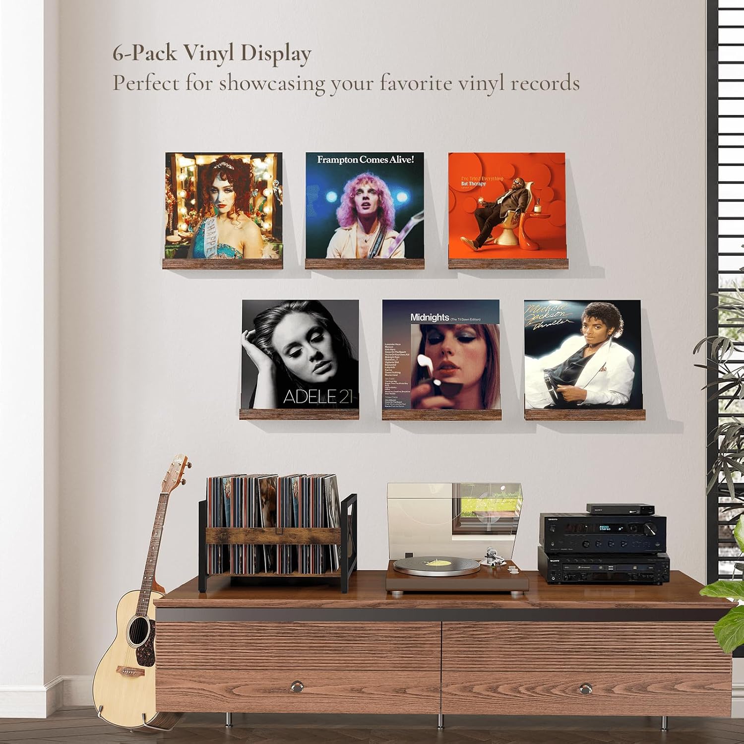 Vinyl Record Shelf Wall Mount, Pack of 6 Floating Shelves for Wall | 12 inch Wooden Album Record Holder Display for