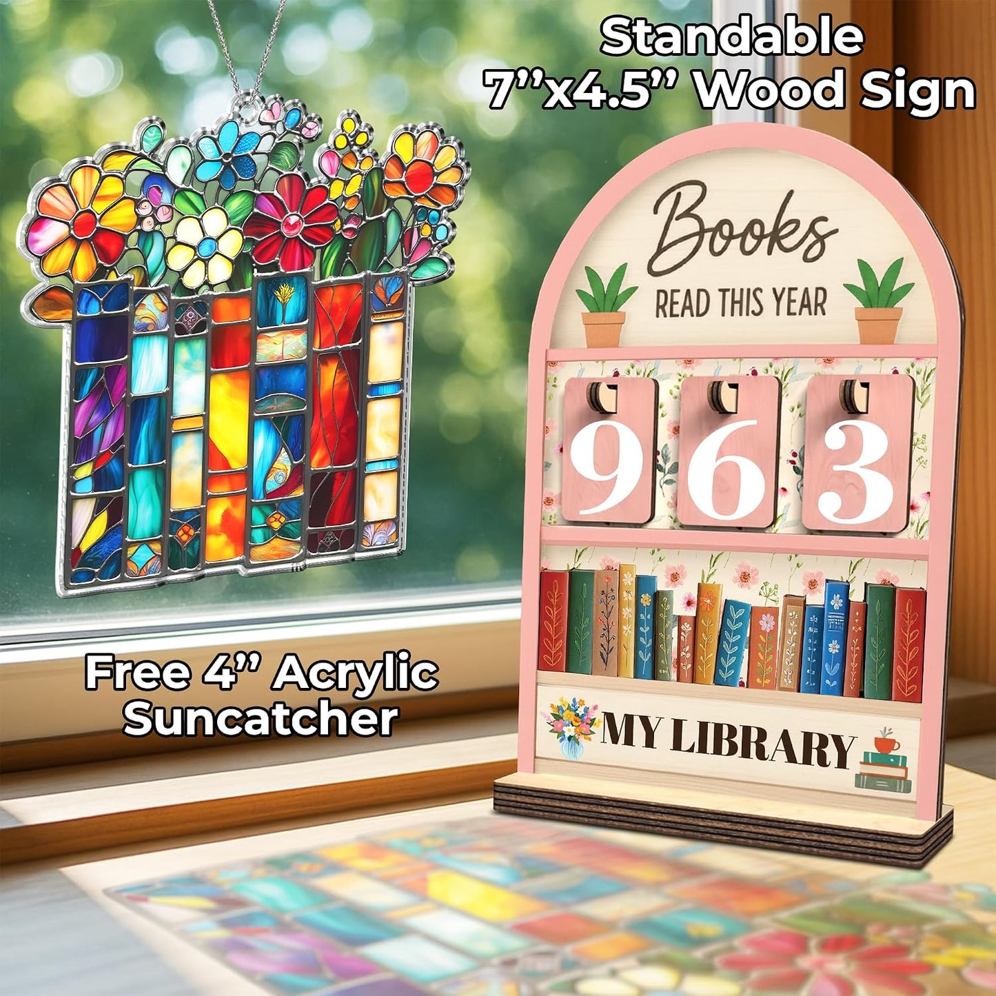 Book Lover / Book Suncatcher Ornament / Book Tracker 2 / Pink