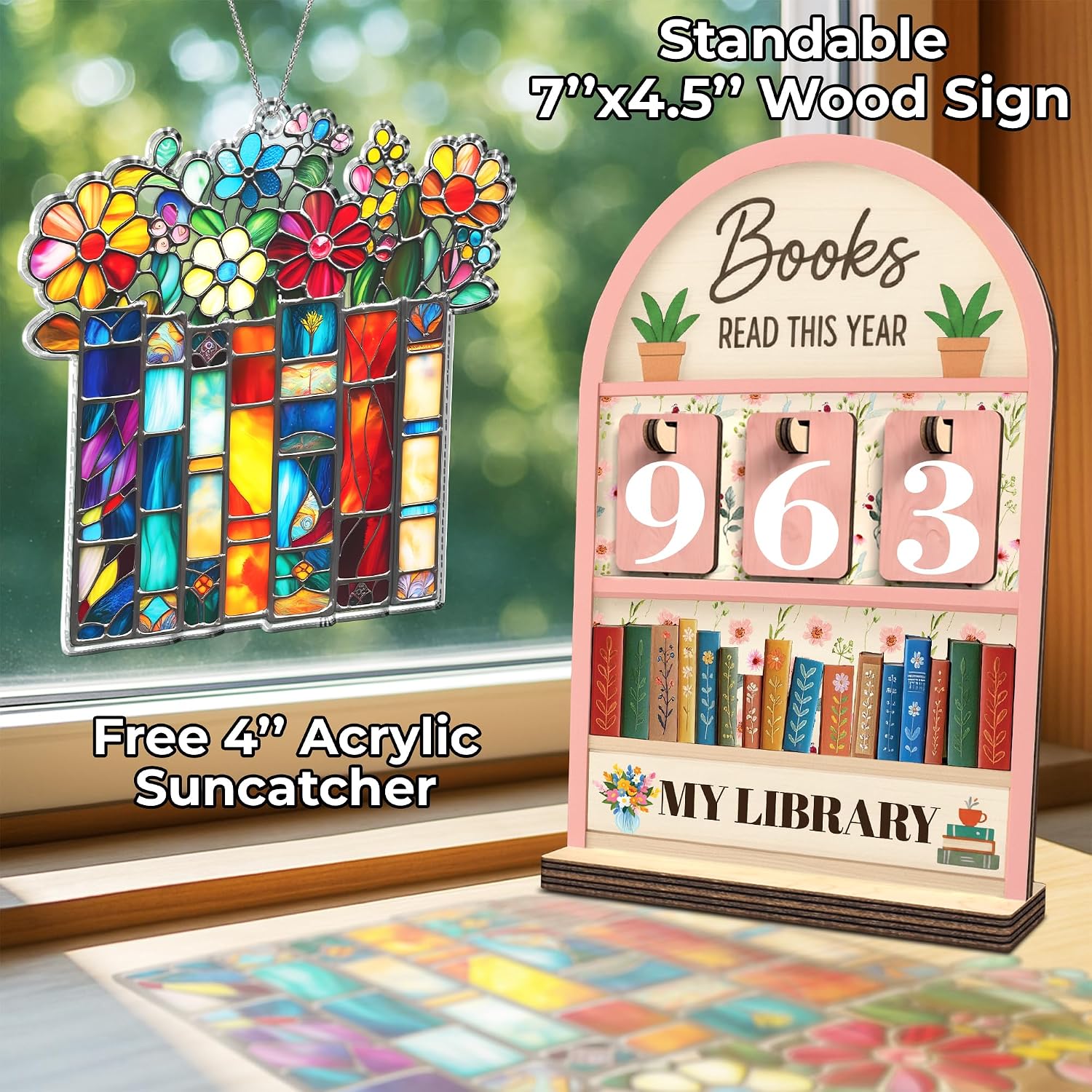 Book Lover / Book Suncatcher Ornament / Book Tracker 2 / Pink
