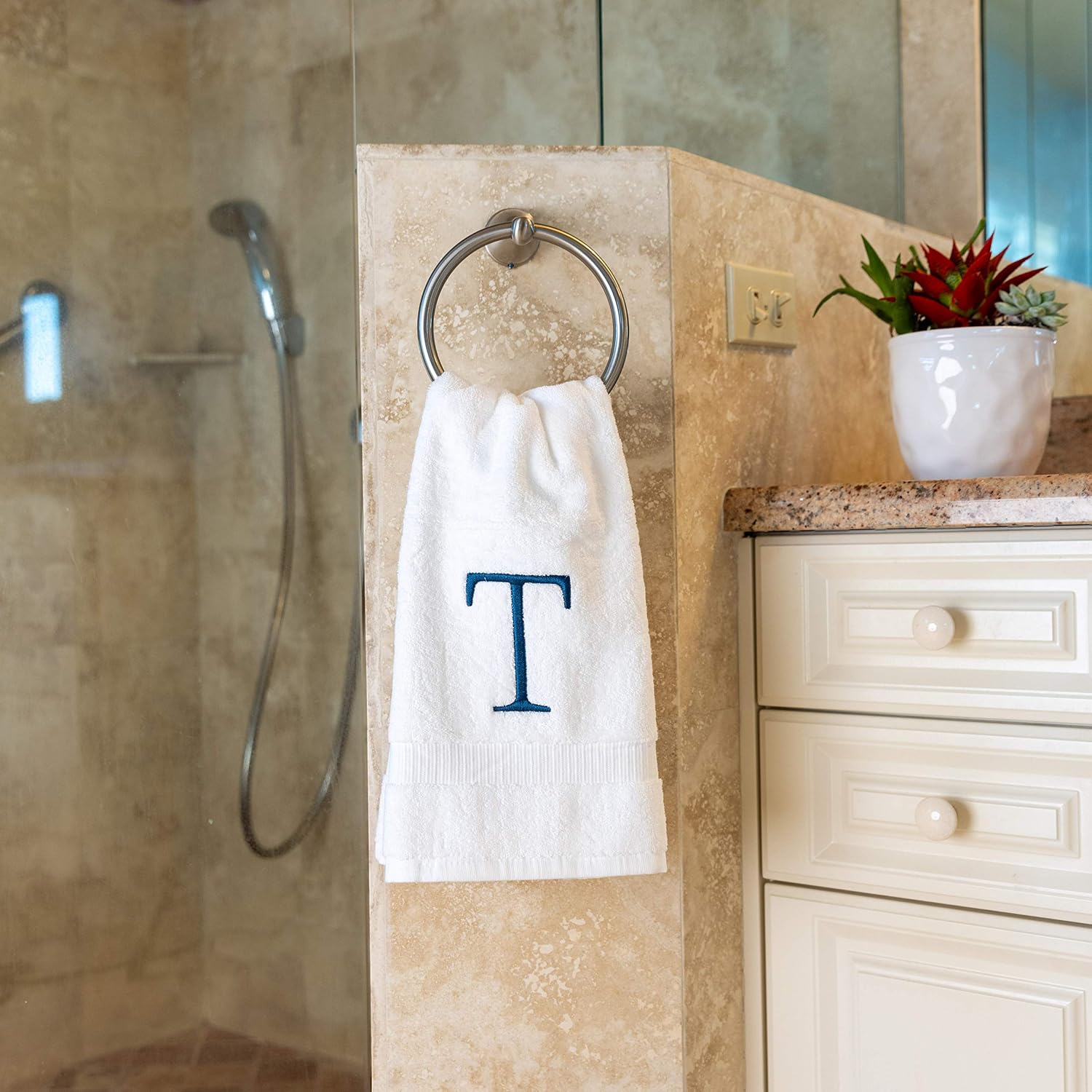 White with Navy Monogrammed Hand Towels for Bathroom - Set of 2 Letter T | Luxury Hotel Quality Initial Towels For