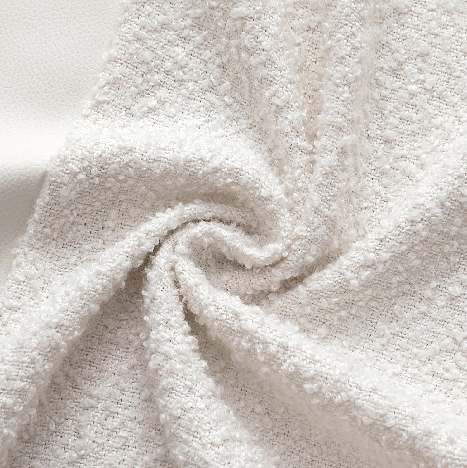 Boucle Throw Pillow Covers Faux Leather Textured Decorative Pillow / 18 x 18 / White / Set of 2