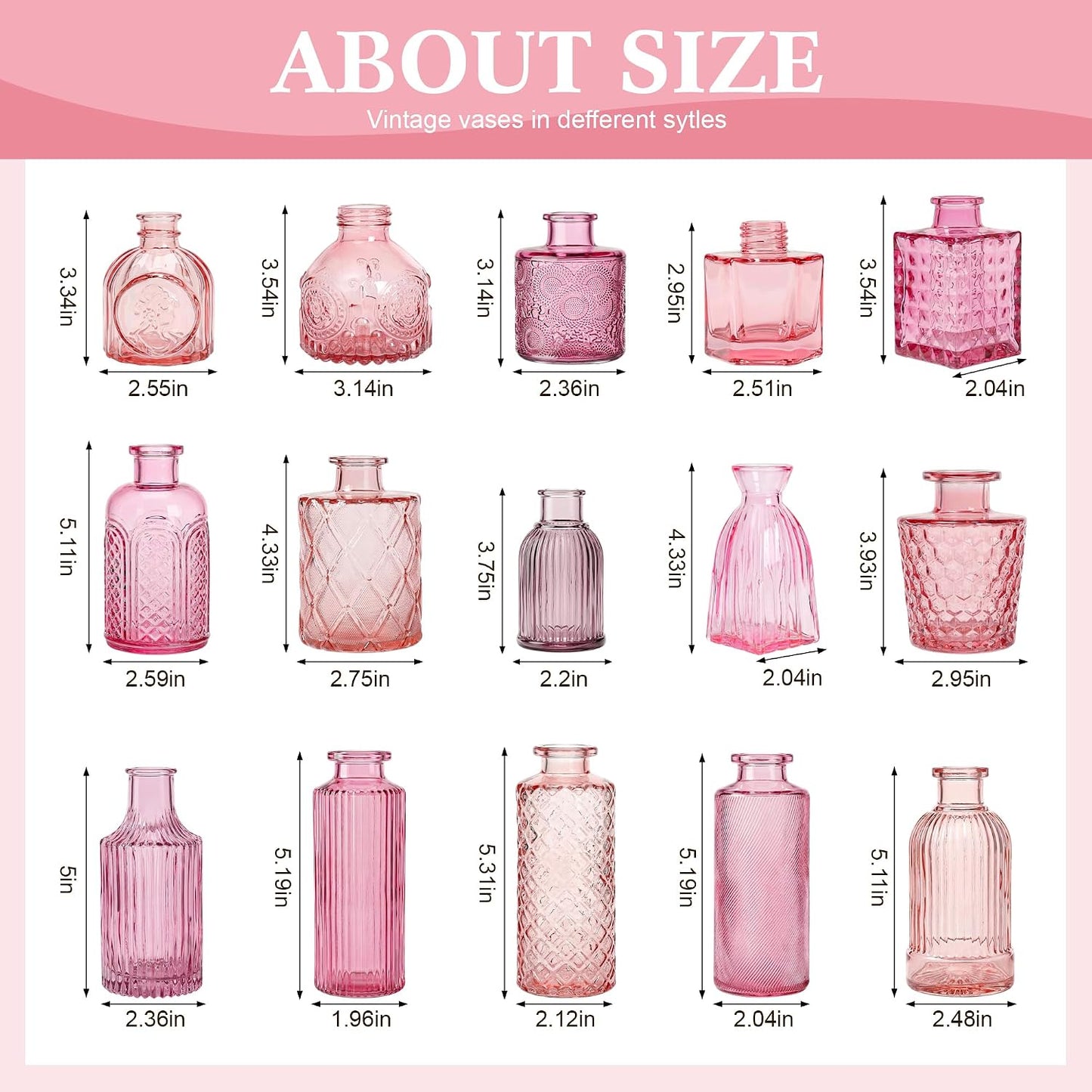 Pink Glass Bud Vases / Pink Series / Set of 15
