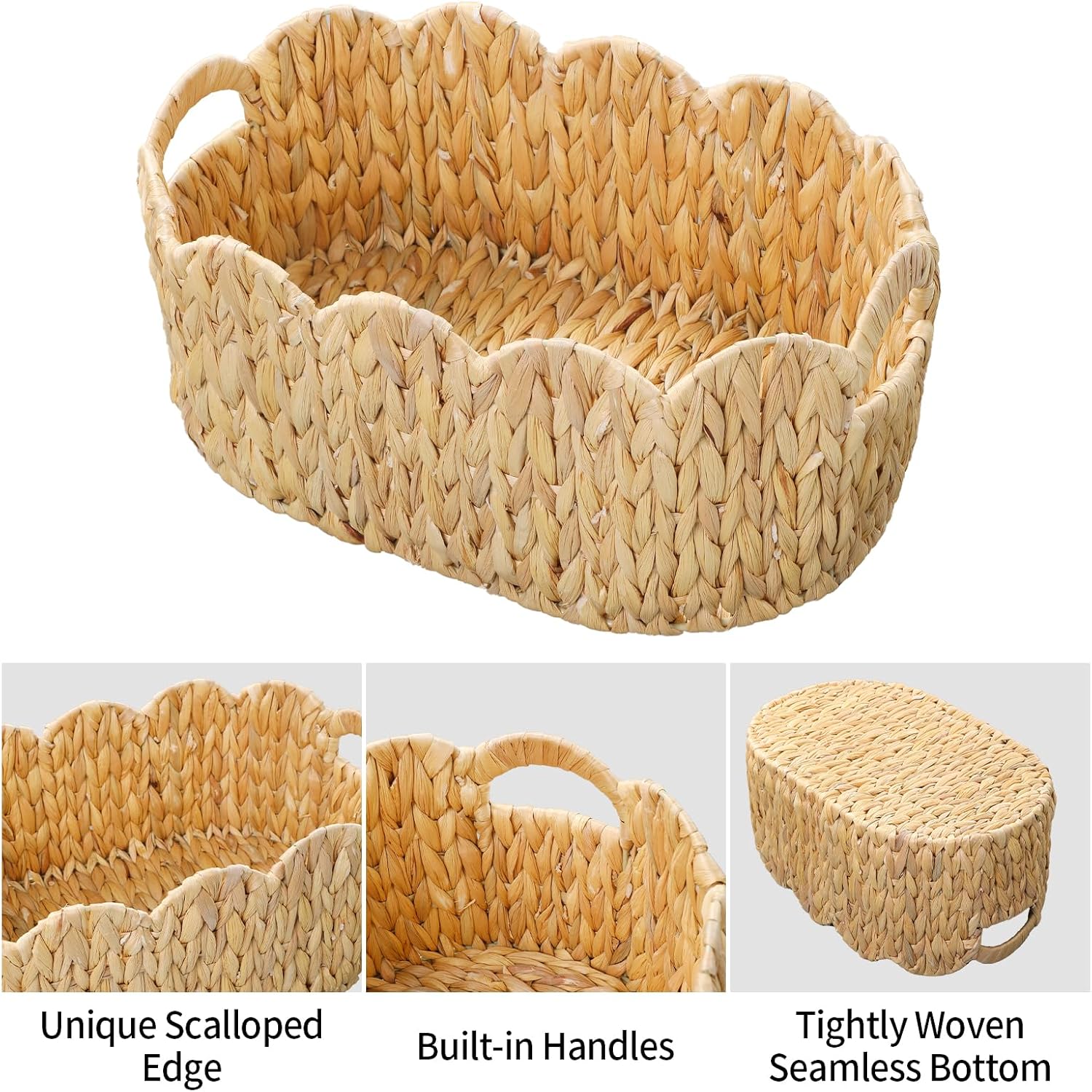 Scalloped Basket / Hand-Woven Wicker Storage Baskets / Oval / Set of 2