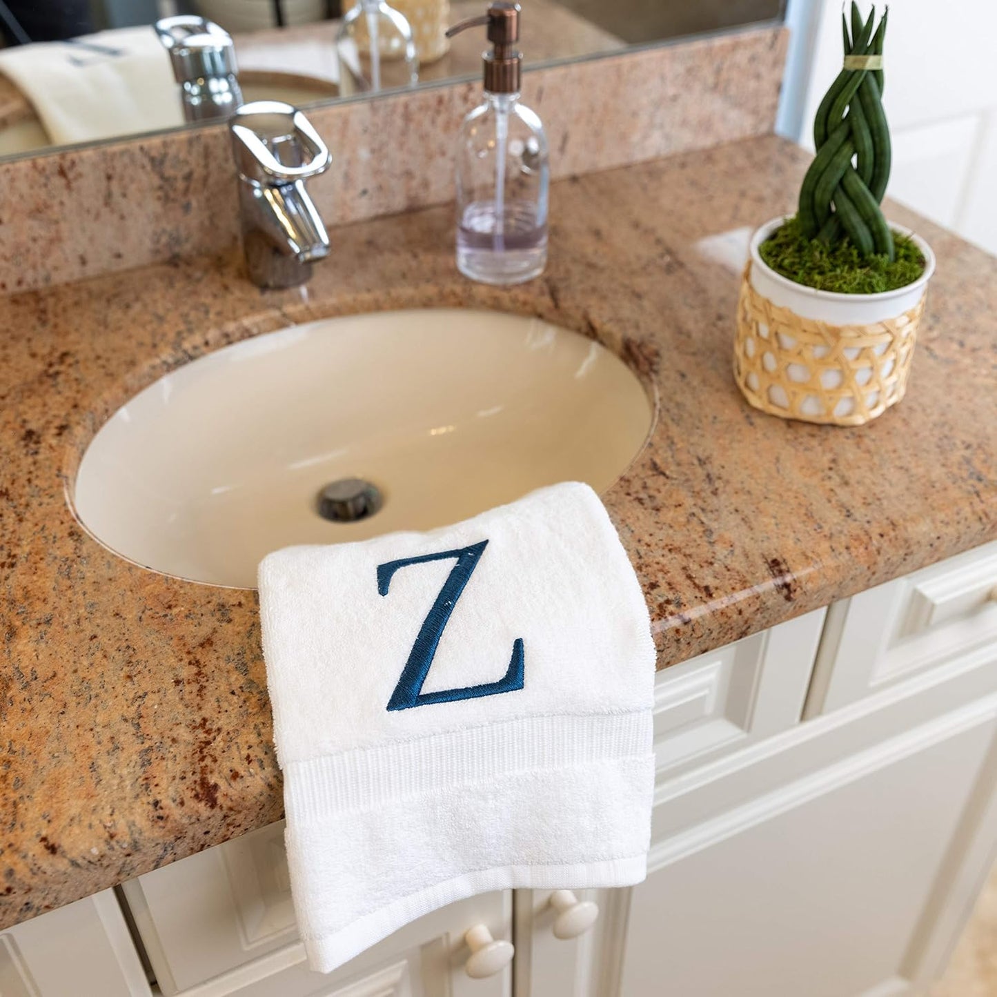 White with Navy Monogrammed Hand Towels for Bathroom - Set of 2 Letter Z | Luxury Hotel Quality Initial Towels For