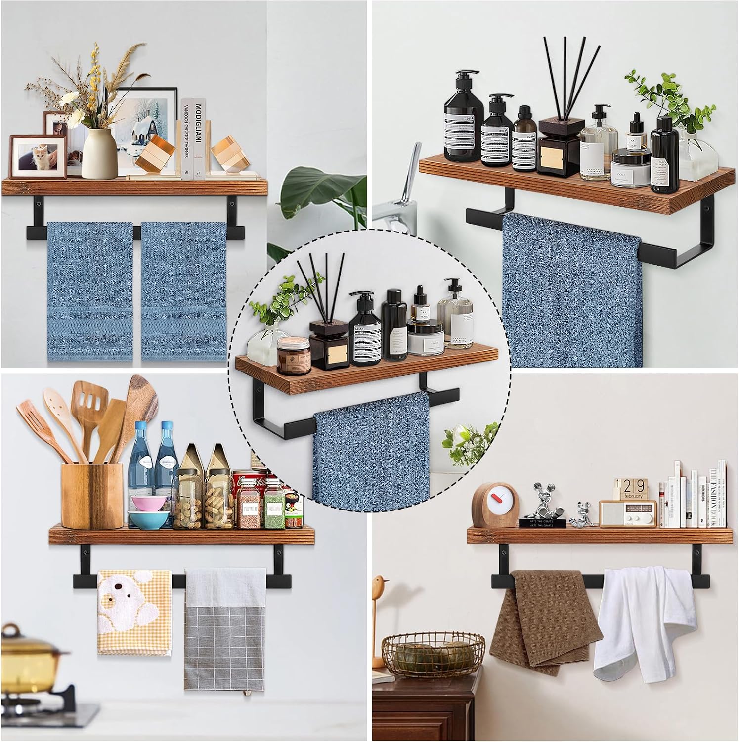 Hand Towel Holder/Towel Ring with Wooden Shelf, Hand Towel Rack, Hand Towel Hanger for Bathroom, Bath Accessories Wall