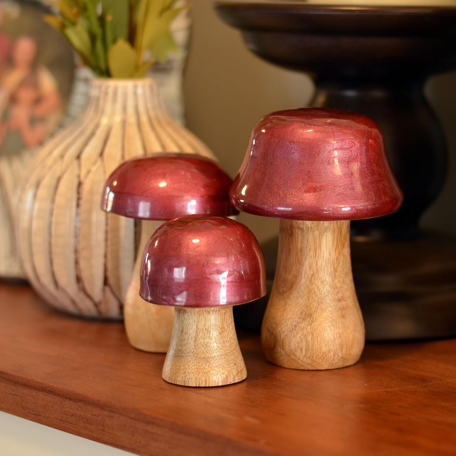 Decorative Figurines / Red Top Mushrooms / Red Metallic Effect, 4.25, 3.5 and 2.75 Inches / Set of 3