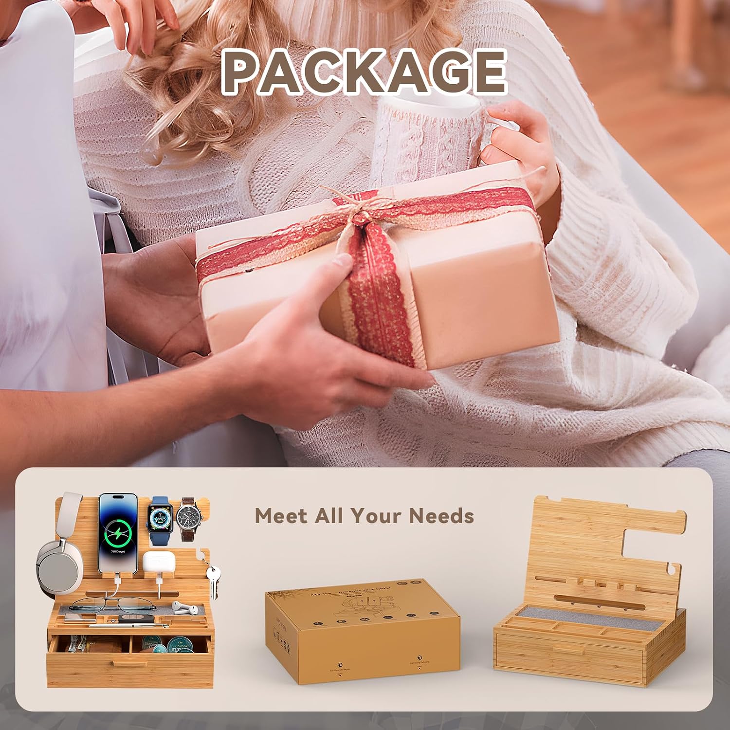 Pezin&Hulin Docking Station with Drawer, Nightstand Organizer (Nature) | Desk Organizer for Phones, Watch, Keys