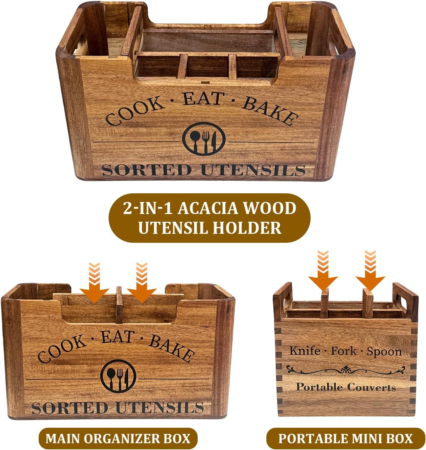2-in-1 Acacia Wood Kitchen Utensil Holder with Removable Caddy | Farmhouse Kitchen Utensil Holder for Countertop