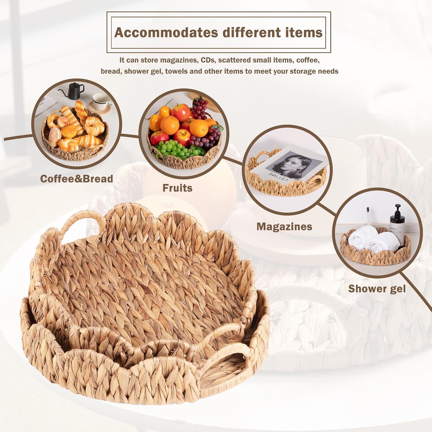Wicker Basket Tray / Water Hyacinth / Round / Natural / Set of 2