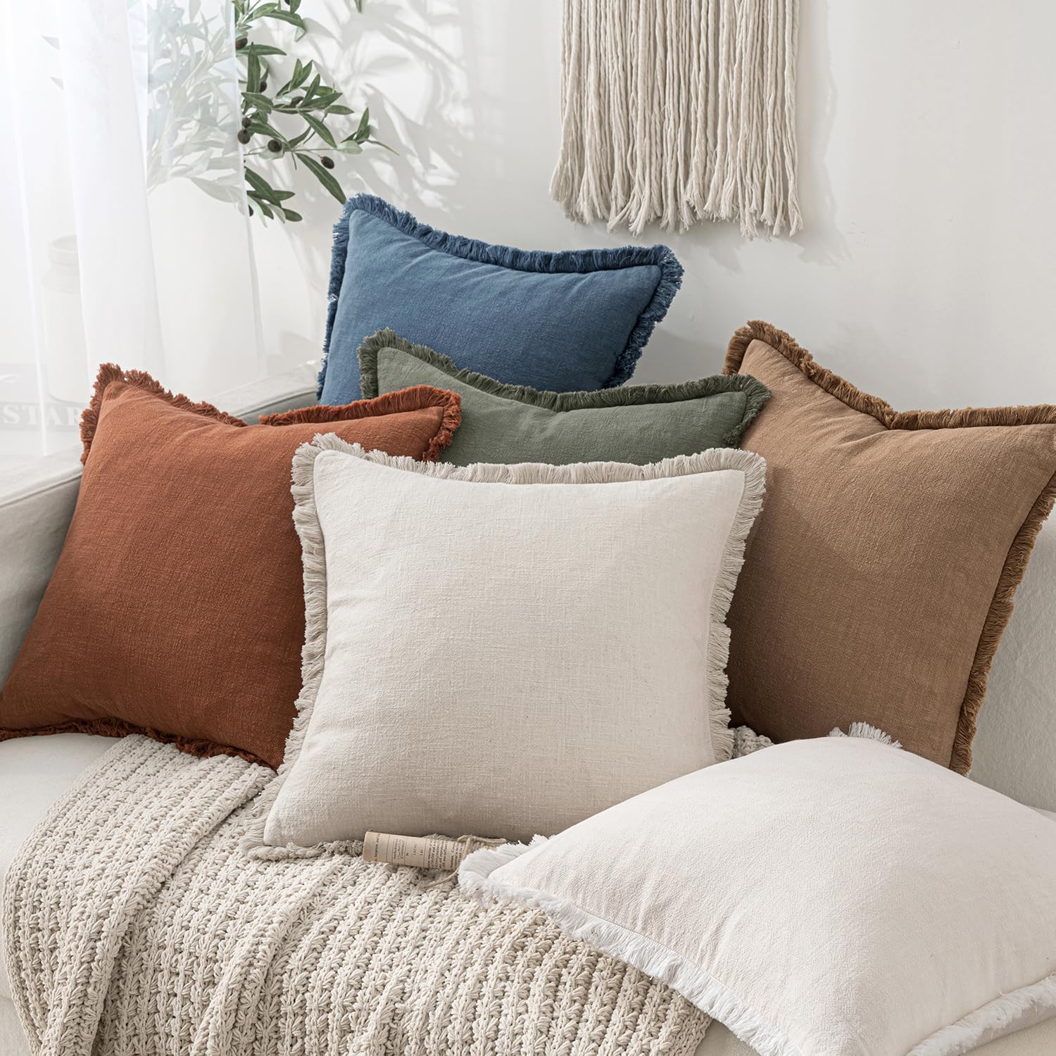 Decorative Throw Pillow Covers Neutral Linen Fringe Throw Pillows / 20 x 20 / Blue Ashes / Set of 2