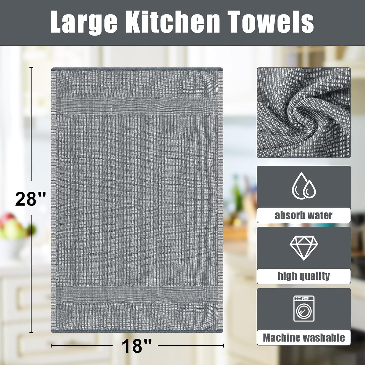 Homaxy 380 GSM Cotton Premium Kitchen Towels 8 Pack, 18"x 28", Grey | Flat and Terry Dish Towels, Highly Absorbent Tea