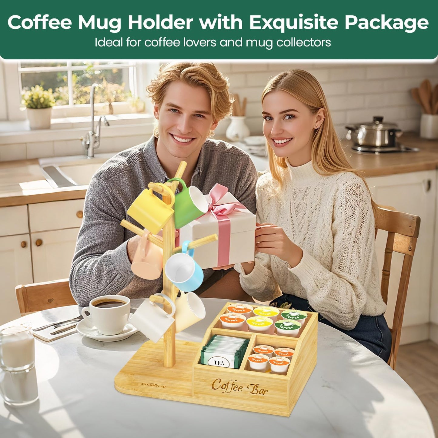 EsLuker.ly Mug Tree Holder Stand, Countertop Bamboo Coffee Cup Organizer | Rack for Kitchen Office, Space-Saving Coffee
