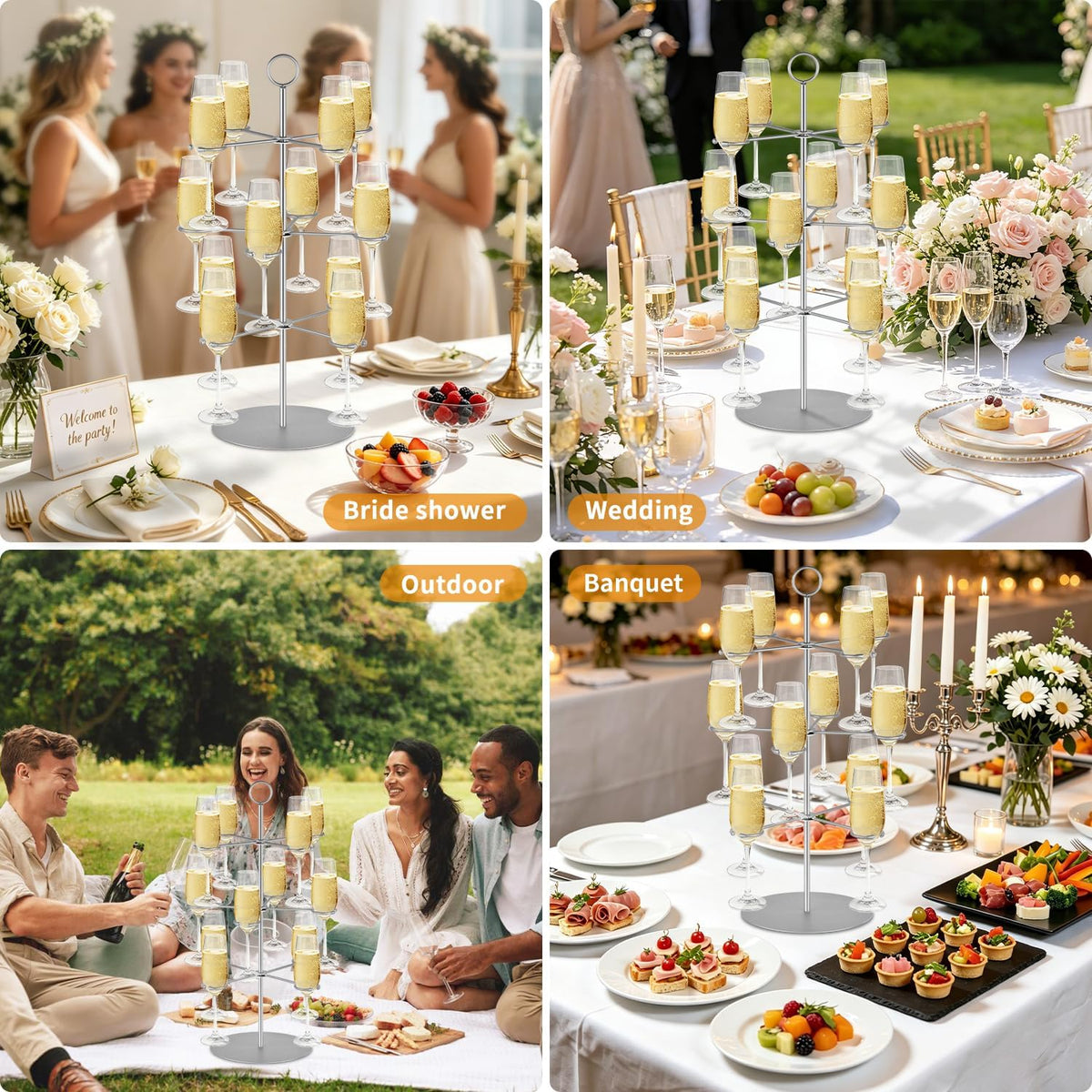 QPIX DIGITAL Cocktail Tree Stand, Metal Drink Tower, 3 Tier - 12 Holders For Champagne, Cocktails,Martini, Margarita
