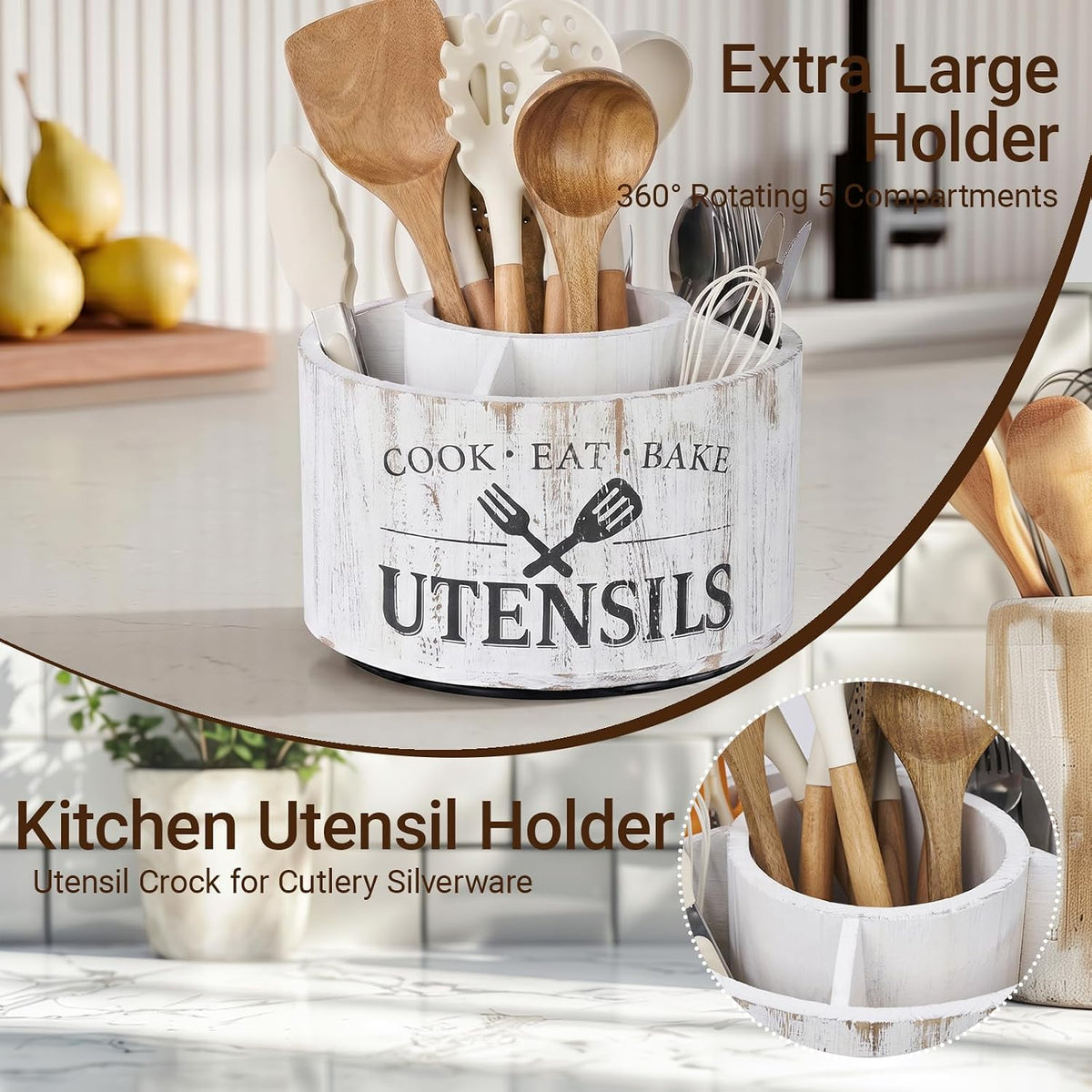 10.2 Inch Extra Large 360° Rotating Utensil Holder | Farmhouse Kitchen 5 Compartments, Lazy Susan Utensil Crock for