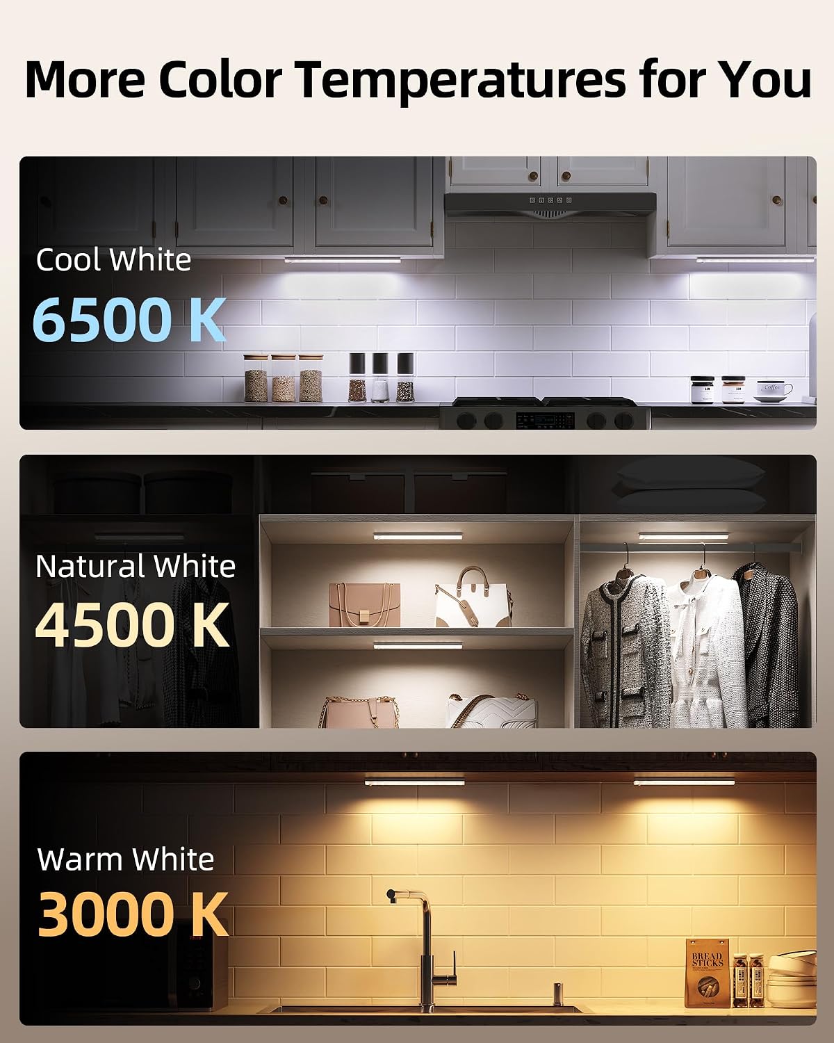 EZVALO 3-Pack Under Cabinet Lighting with Charging Station, 1800mAh Rechargeable Wireless Motion Sensor Lights, 3 Color