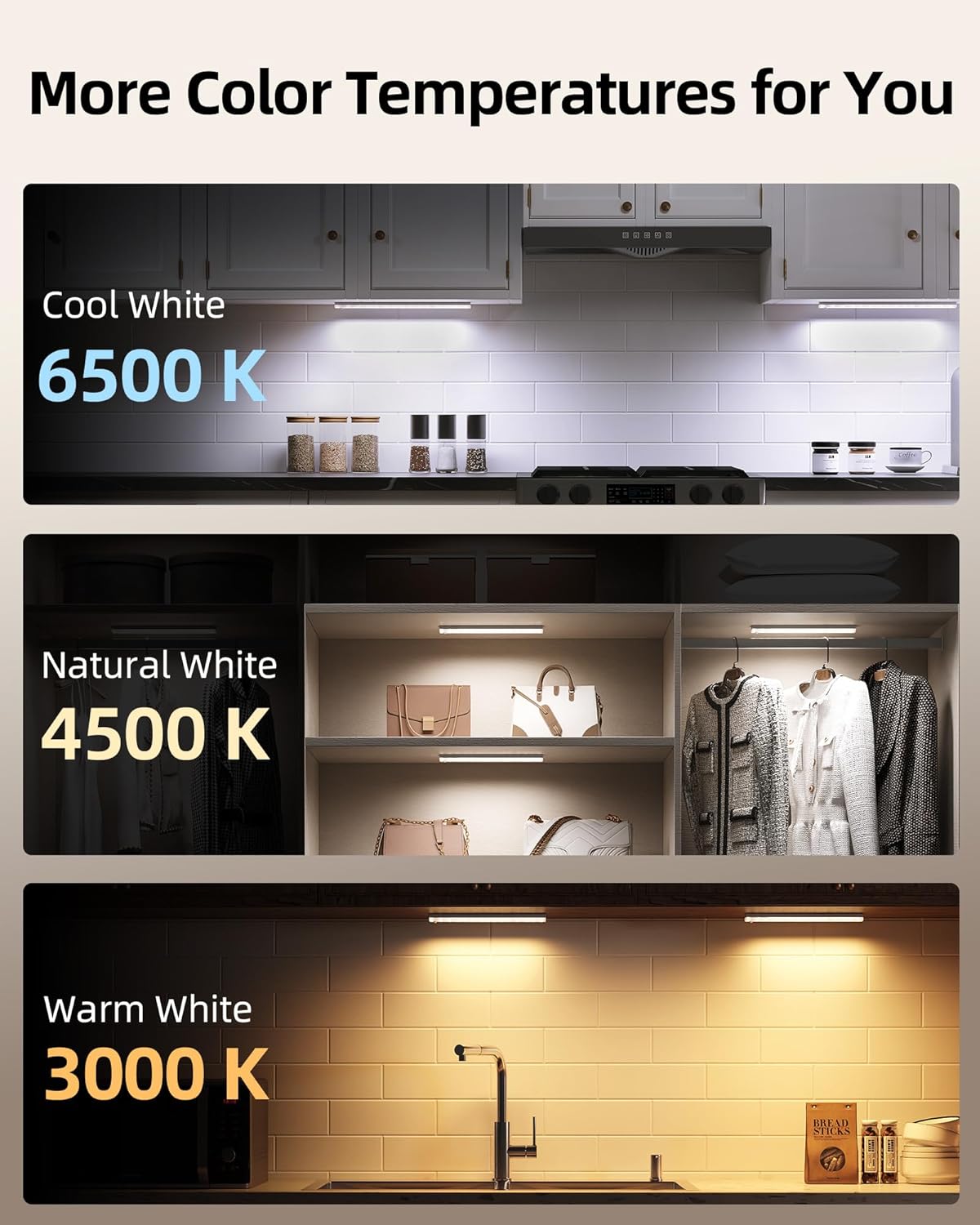 EZVALO 3-Pack Under Cabinet Lighting with Charging Station, 1800mAh Rechargeable Wireless Motion Sensor Lights, 3 Color