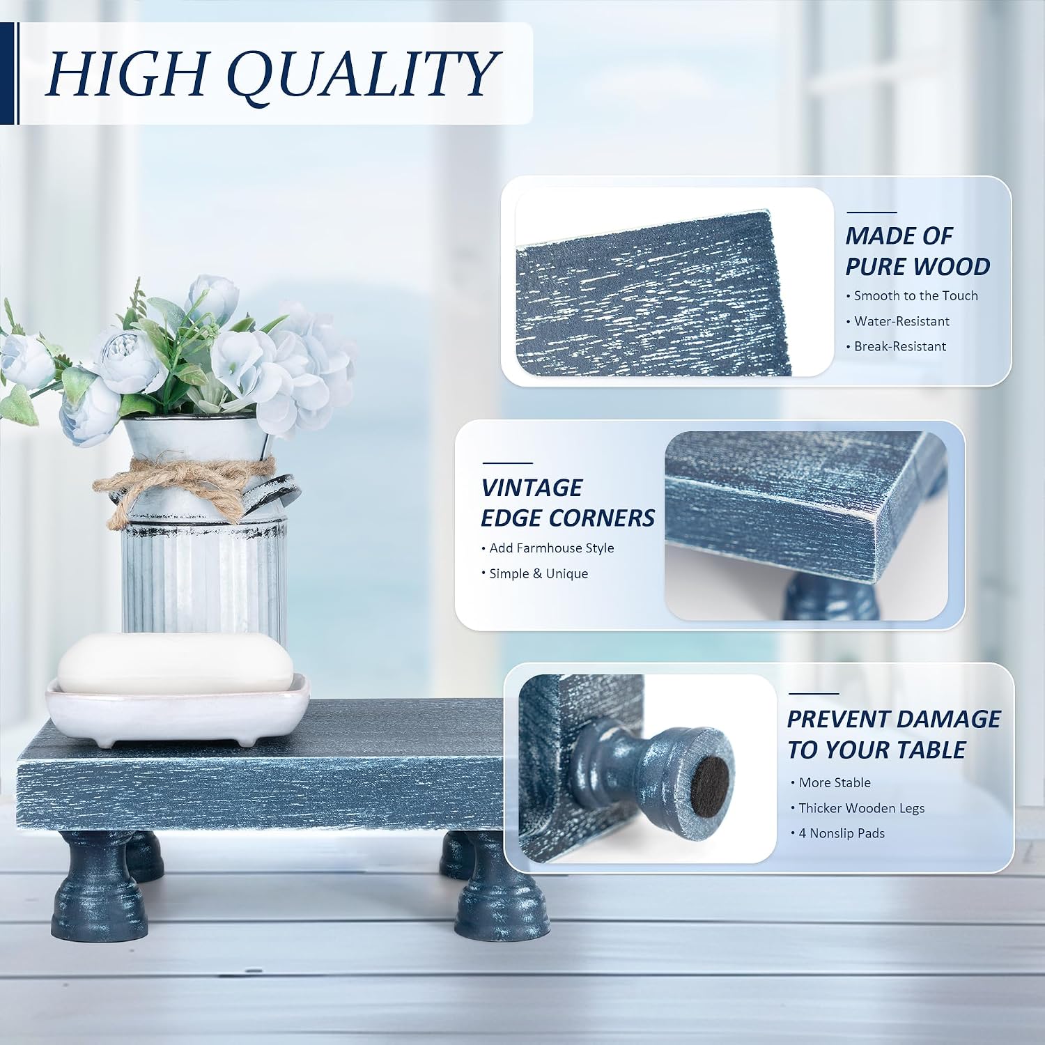 EOSAHR Square Wood Riser Display Stand for Dusty Blue Bathroom Decor, Blue | 8.5" Display Riser, Plant Stand, Perfume