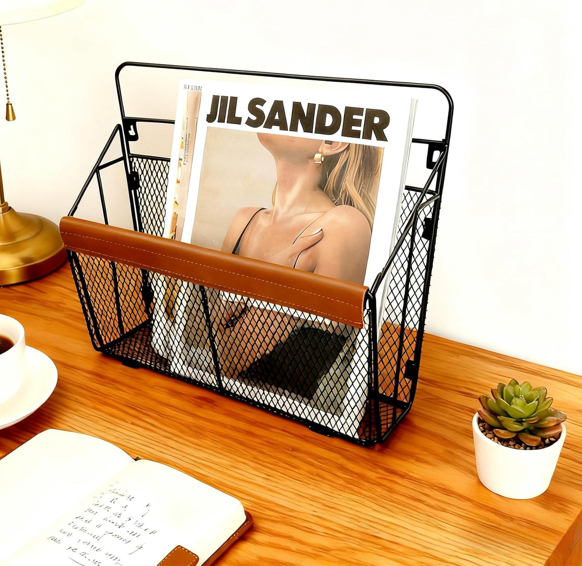 Wall Mounted Magazine Rack with Leather Trim, Decorative Art Wall Magazine Holder, Hanging Paper Organizer, Metal Wire