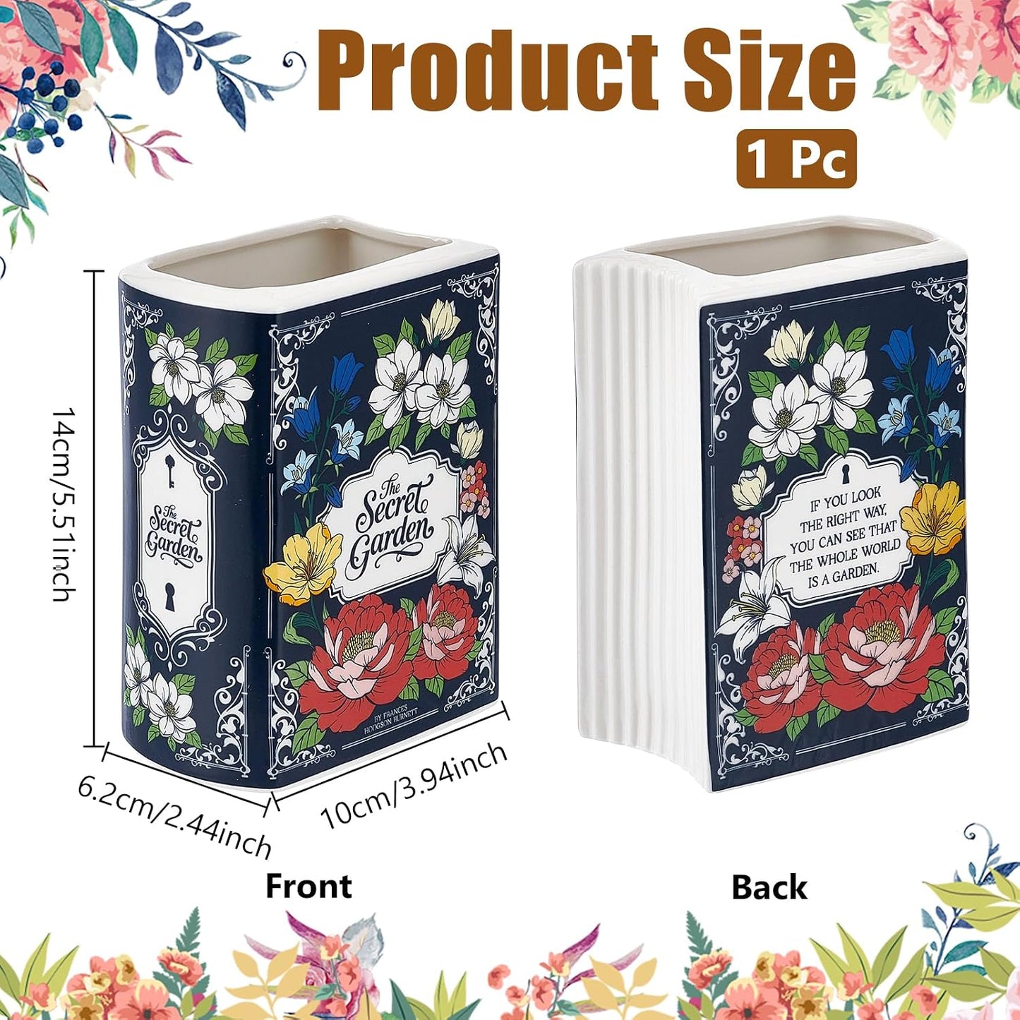 Ceramic Book Vase for Flowers Book-Shaped Decorative Vase / 5.5 x 2.5 x 4 / Inch Secret Garden
