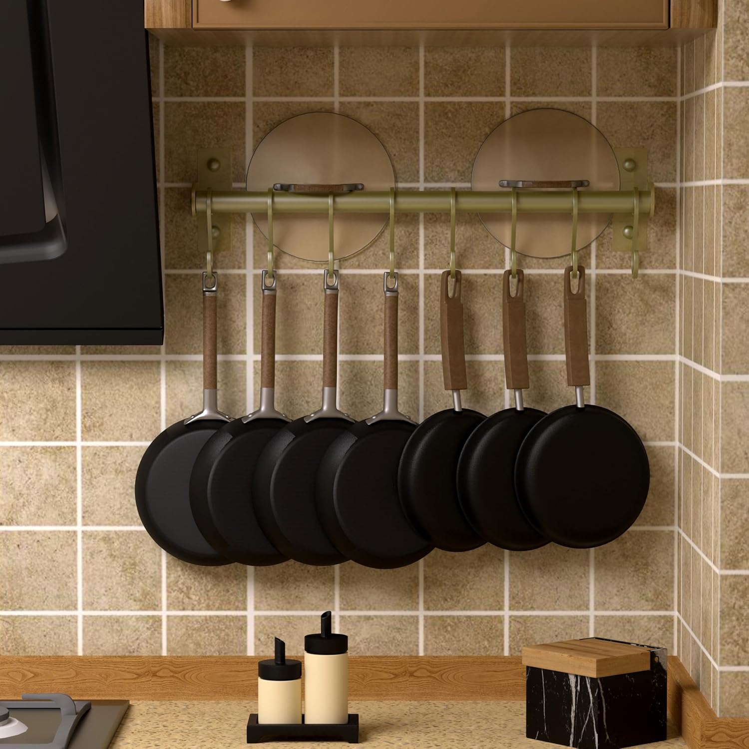 Kitchen Utensil Holder Hanger, Pot and Pan Rack Wall Mounted, Kitchen Rail with 8 Hooks for Hanging Cooking Utensils