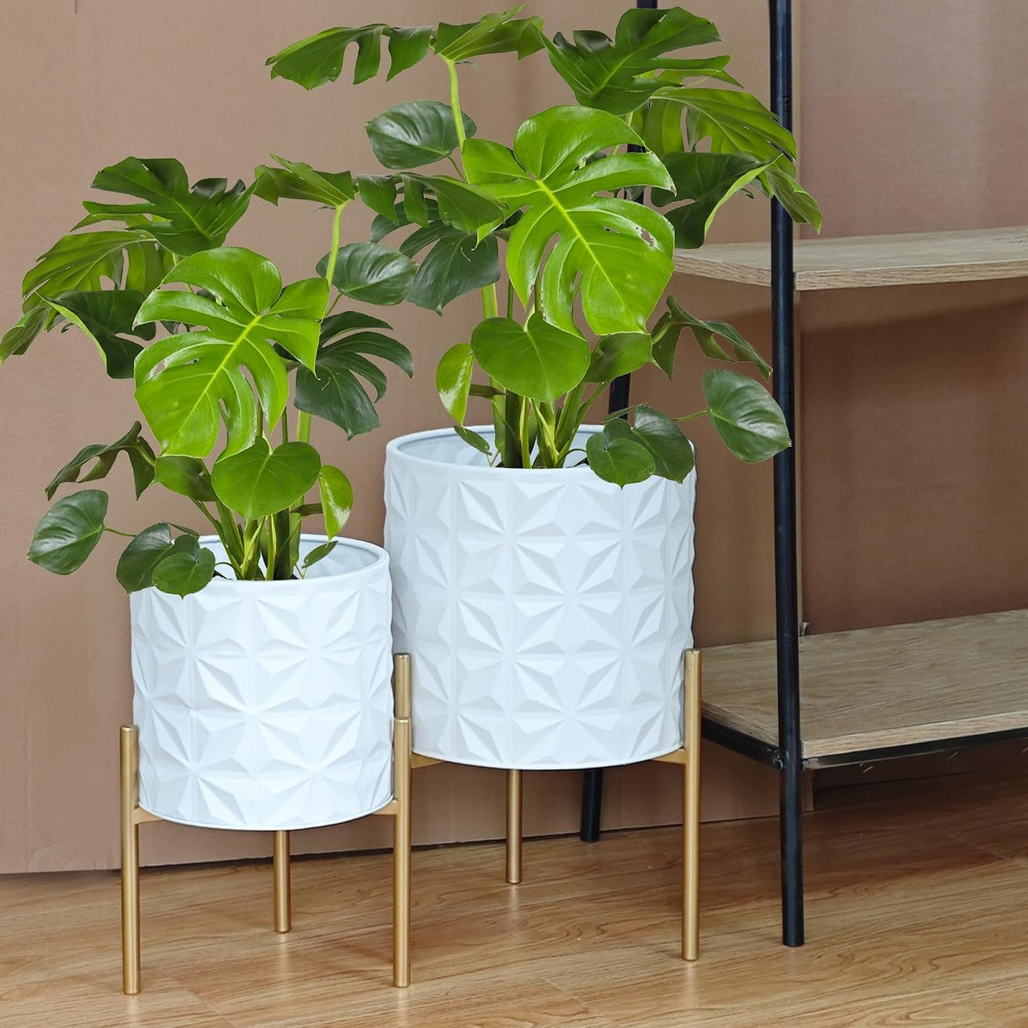ARNIS Plant Pots with Stand, Set of 2 Indoor Planter Pots, Large Metal Planters with Stand, Mid Century Decorative