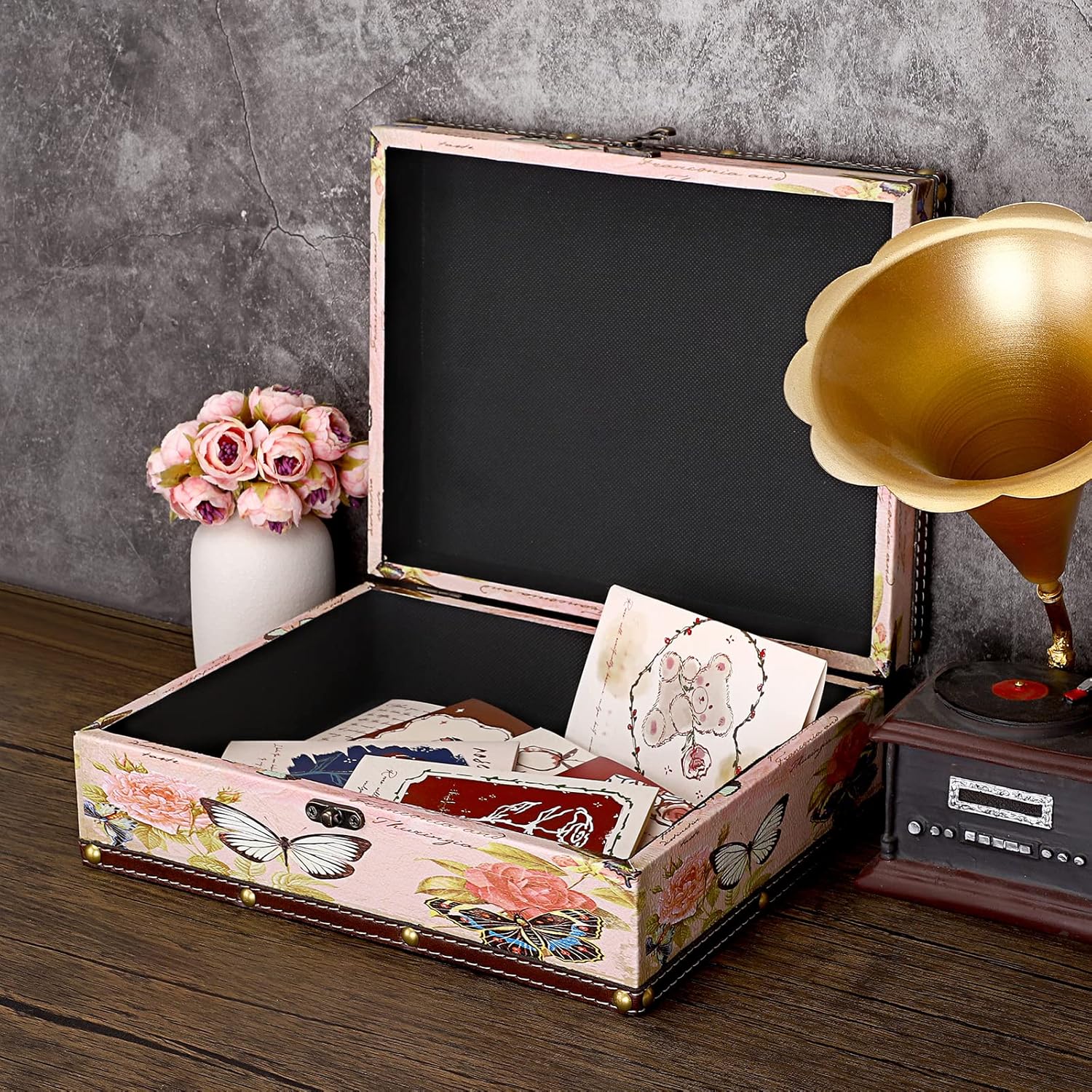Wooden + PU Leather Storage Decorative Box for Jewelry Trinkets Photos / Butterfly Pattern