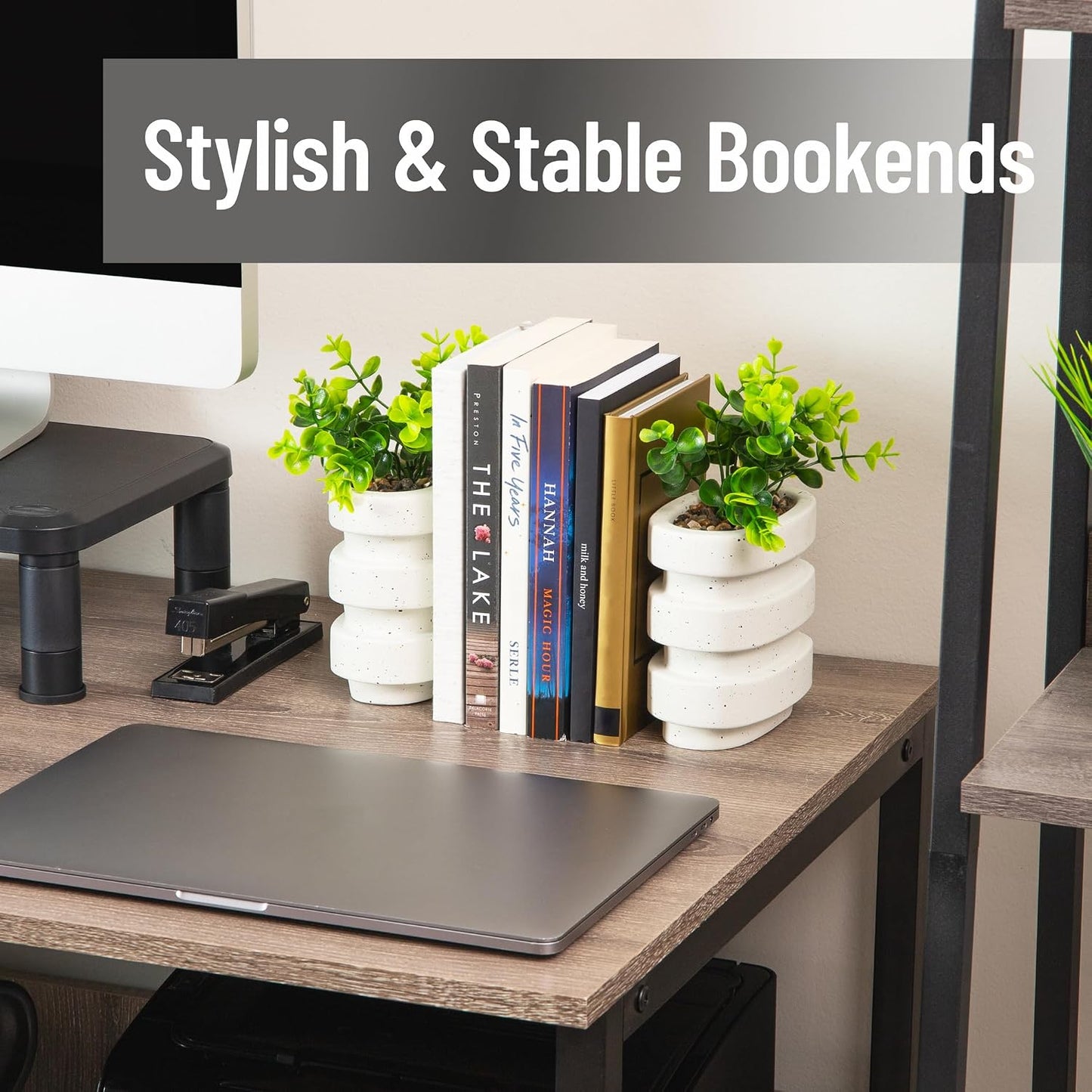 Ribbed Cement Planter Bookends / White Ribbed Cement Bookends / Set of 2
