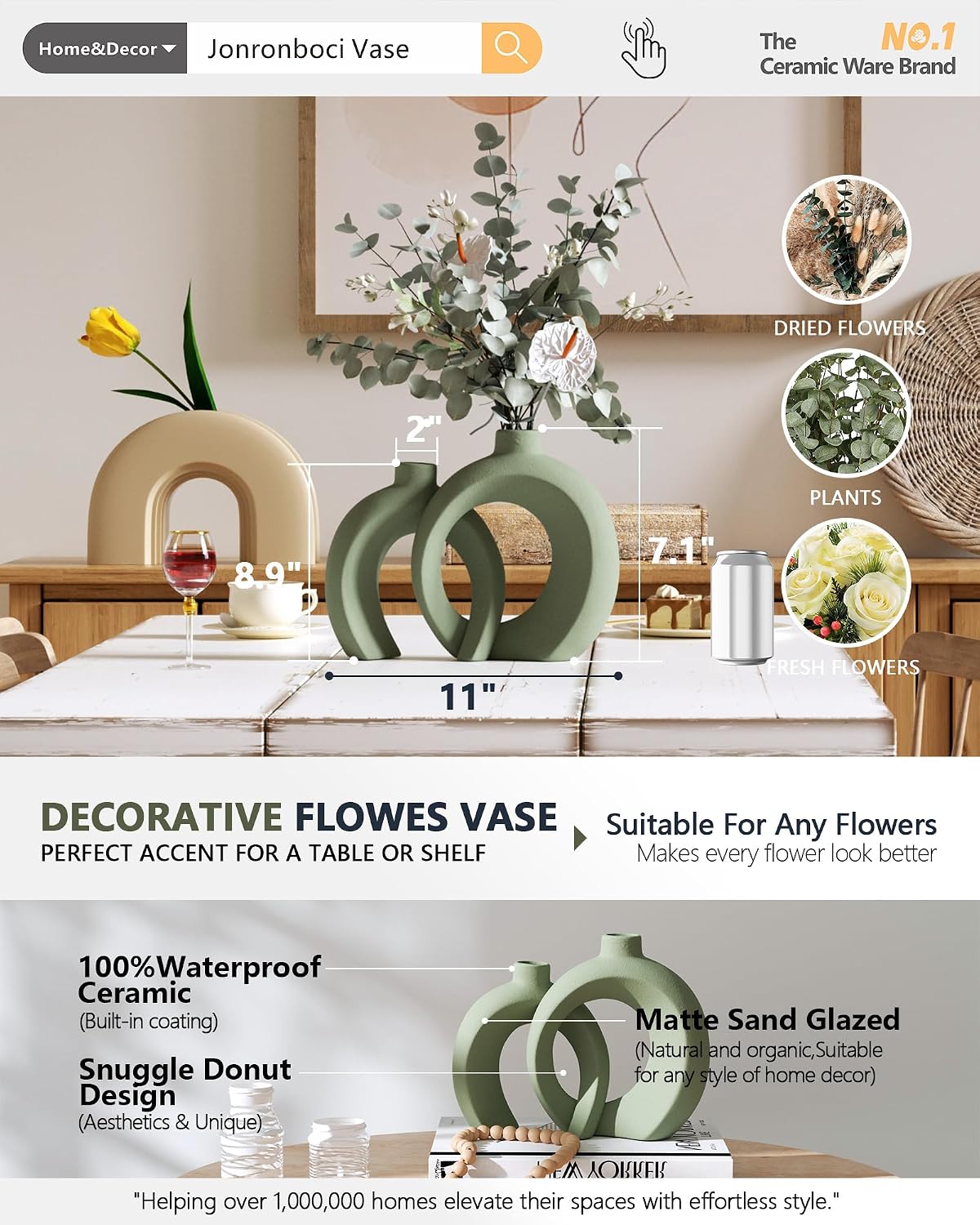 Sage Green Ceramic Vases / Matte Green / Set of 2