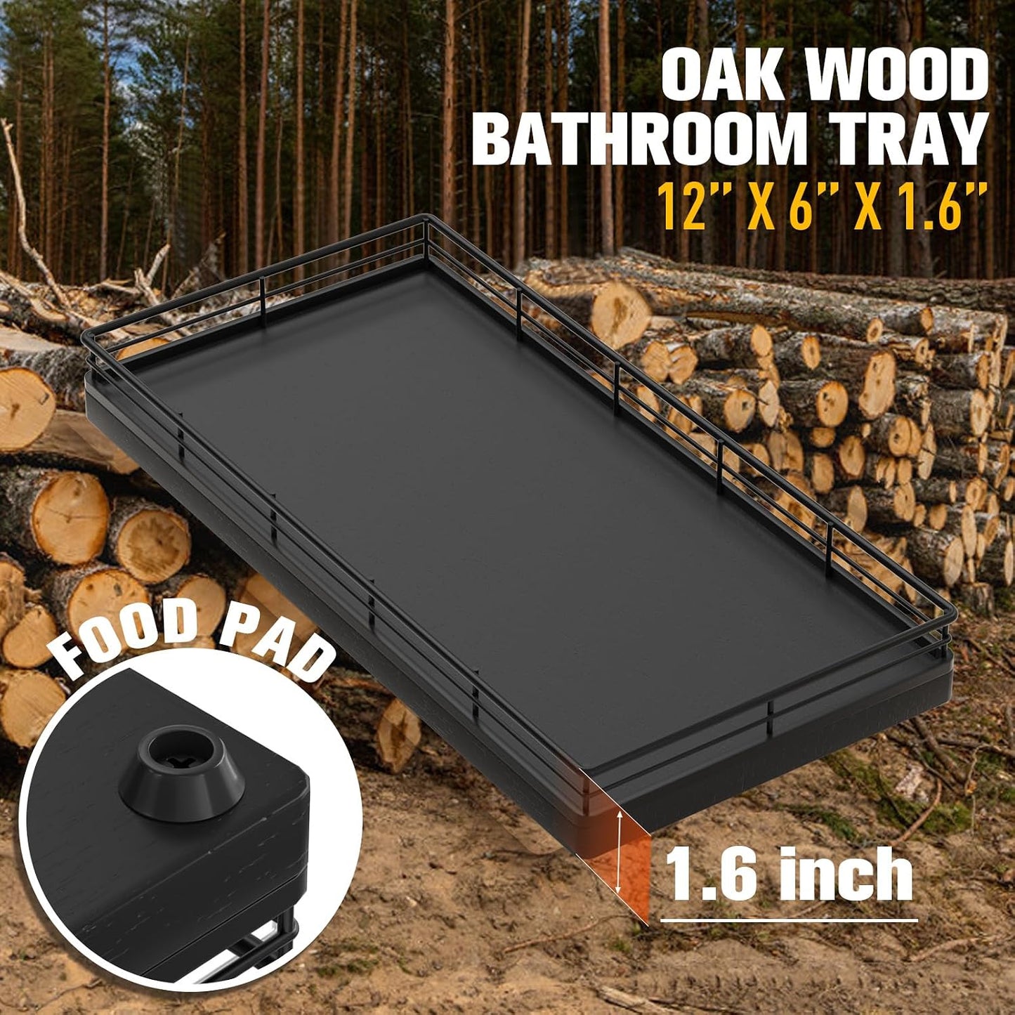 Oak Wood Toilet Tank Tray / 12 x 6 x 1.5 / Black