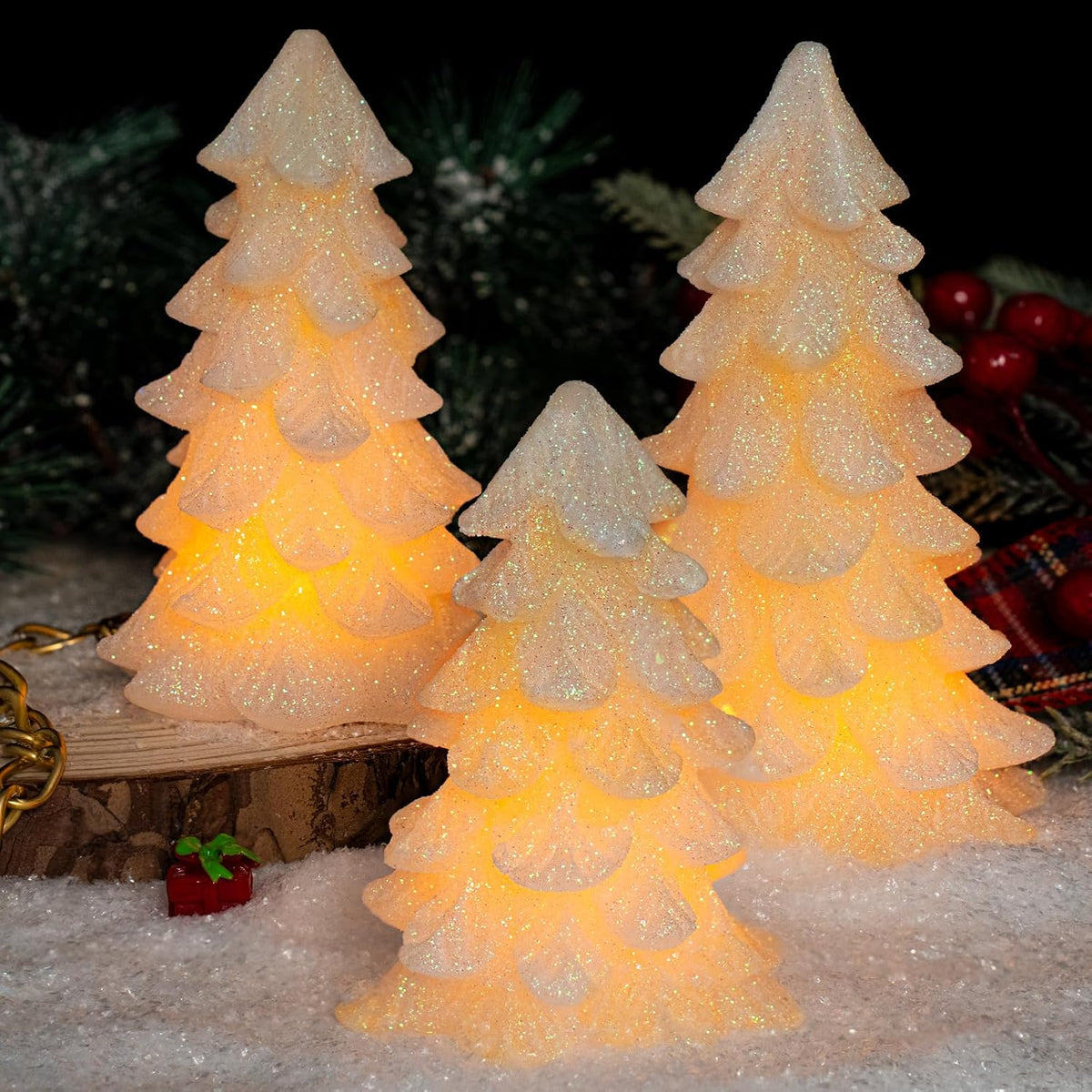 White Glittering Christmas Tree Shaped Flameless Candles with Timer, Real Wax Flickering Battery Operated LED Candles for Christmas Home Party Decoration Set of 3