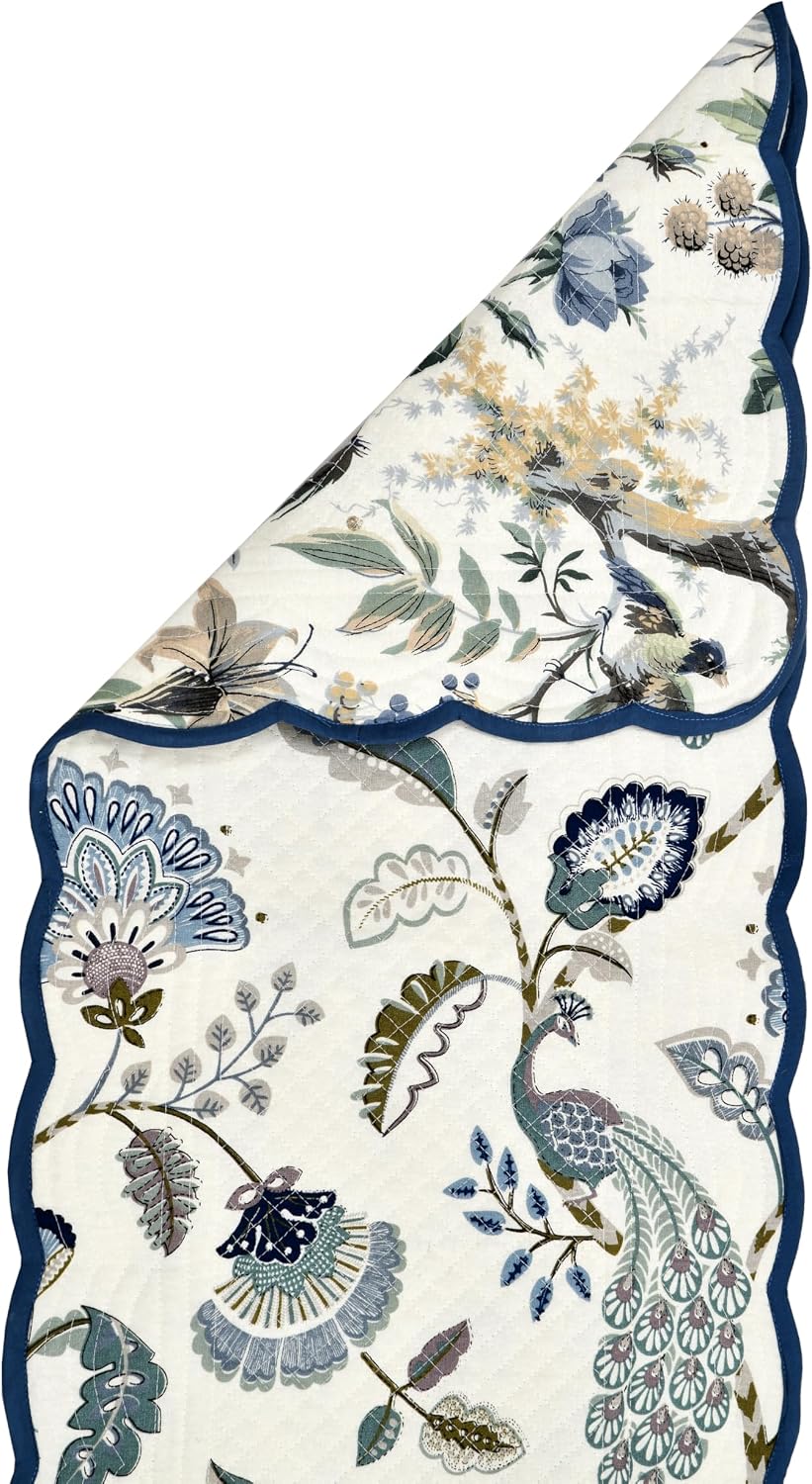 Peacock Vines Luxury Handcrafted Runner (Reversible) Cotton Quilted Fabric Machine Washable – Elegant Home Decor – 14 x