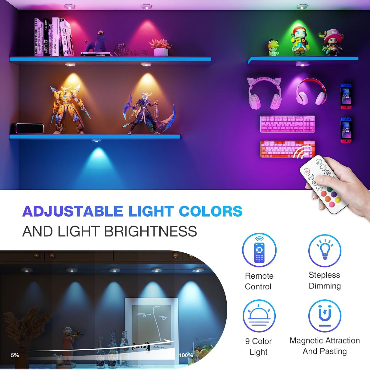 RGB Puck Lights with Remote Control,Under Cabinet Lighting,Silver,5PCS | 2000mAh Battery Operated Tap Lights