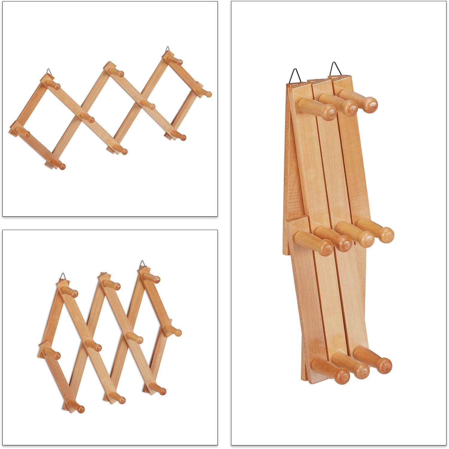 Relaxdays Wall-Mounted Coat Rack, Extendable Wardrobe, 10 Hooks, Stable, Wood, max. HWD: 5.5 x 87.5 x 7.5 cm, Natural