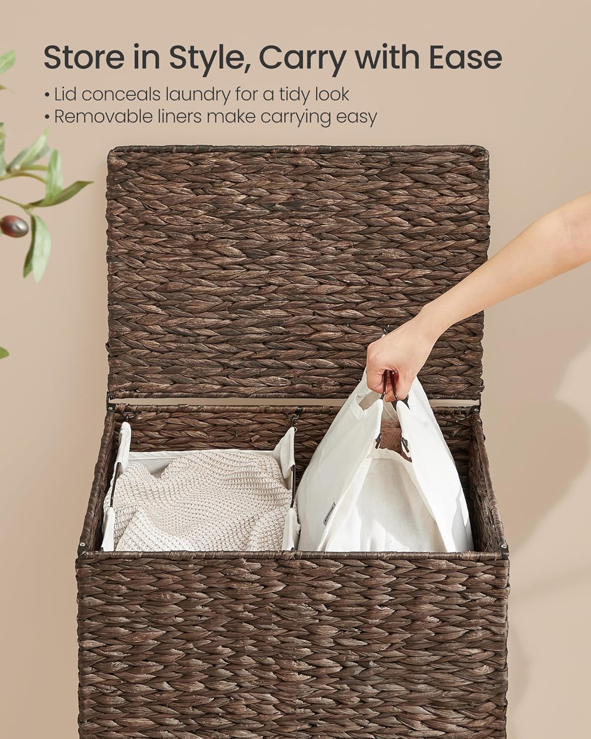 34.3 Gal. Handwoven Water Hyacinth Wicker Laundry Basket / 130 L / Espresso / Natural