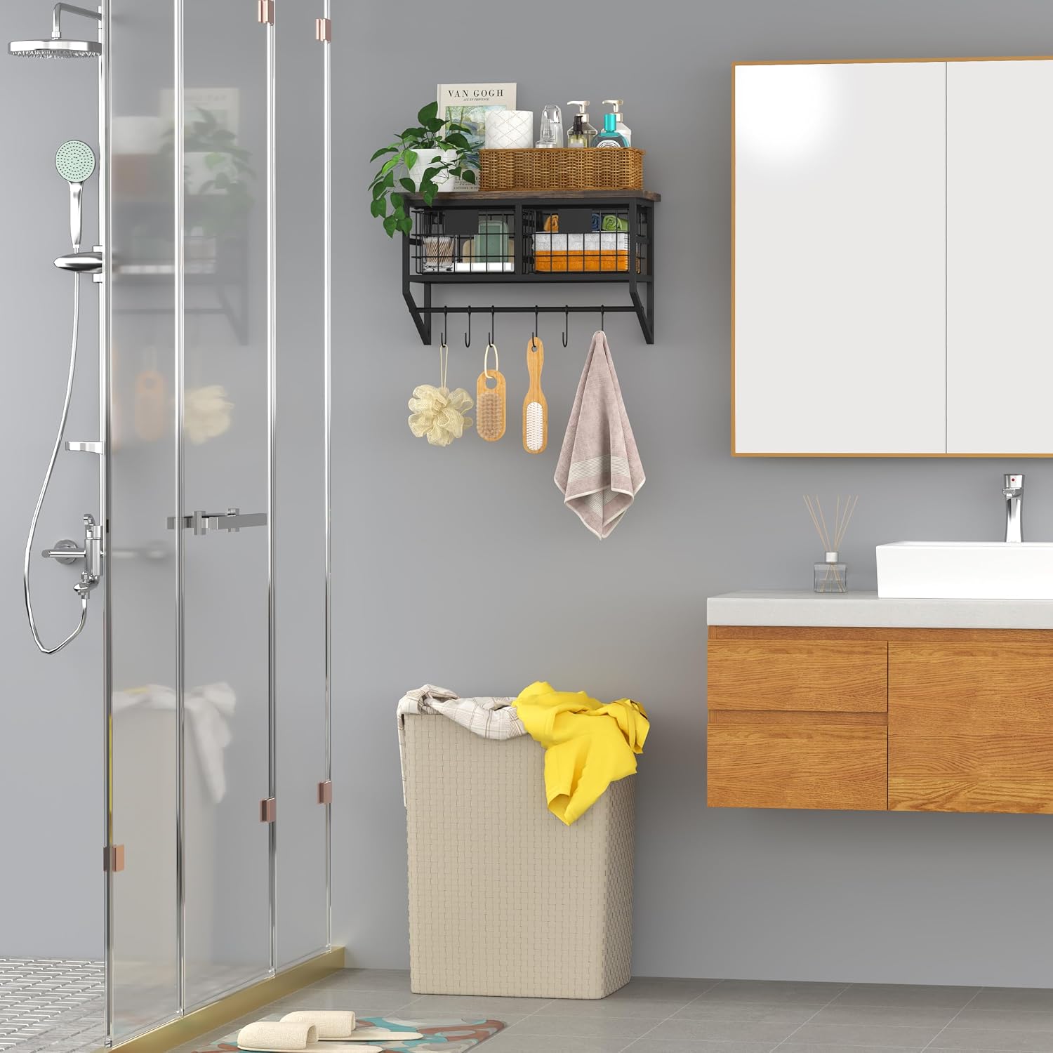 Helsin Industrial Wall Mounted Metal Wood Floating Shelves with Baskets Hooks Hanging Display Shelf Sundries Holder for